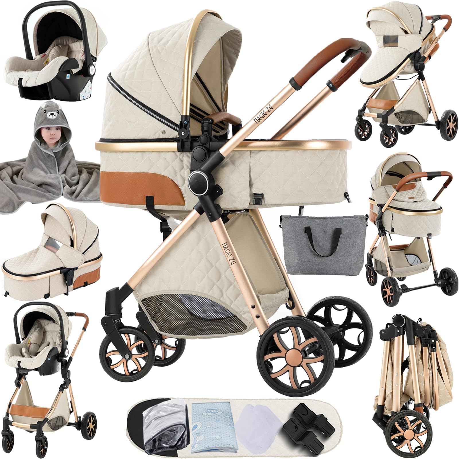 Magic ZC PU Leather 3 in 1 Pushchair Pram Travel System, Baby Stroller 3 in 1 with Reversible Two Pushing Modes, Newborn Infant Carriage One-Click Folding, Toddler Buggy Aluminum Frame (Black 518) — view 31