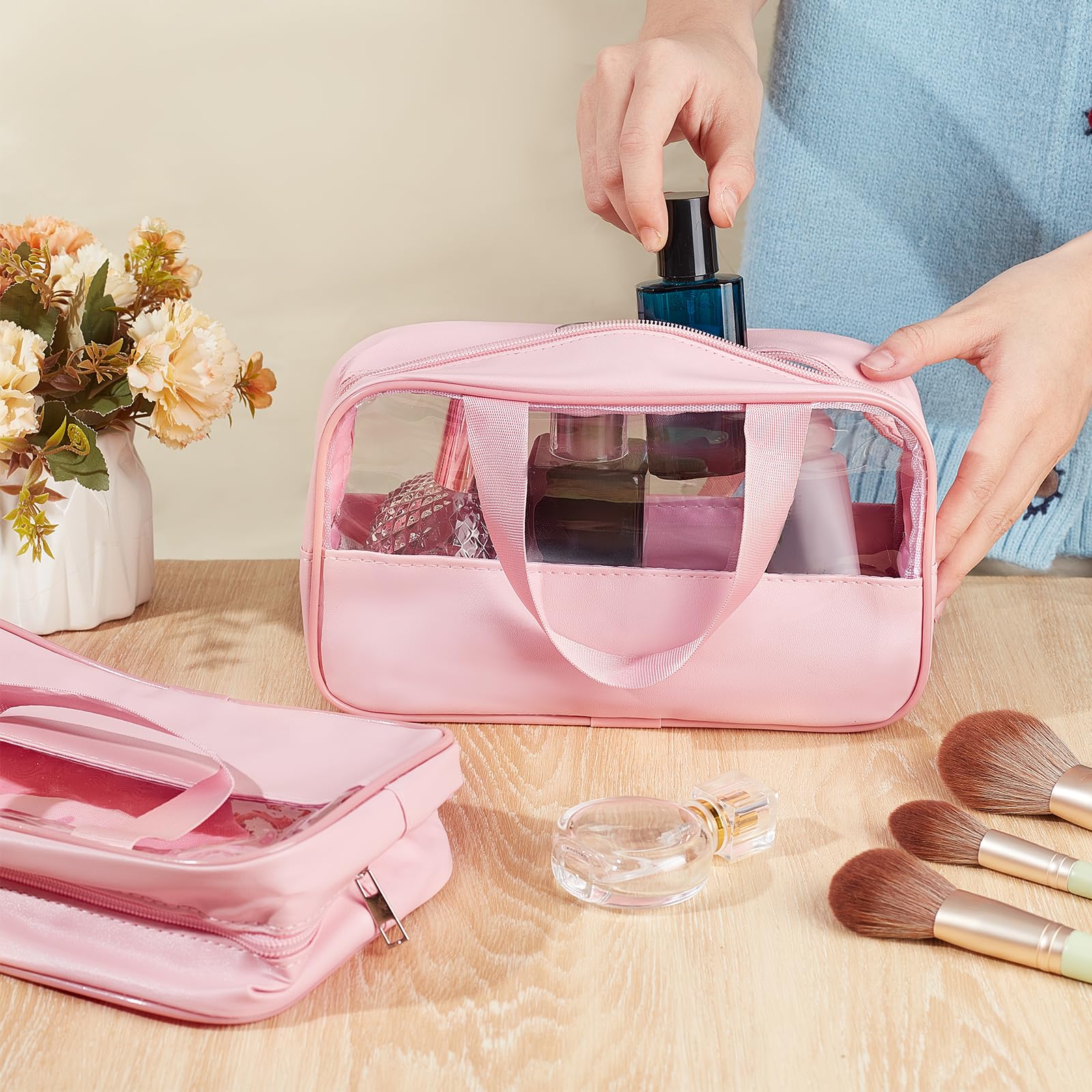15 Trousse de Maquillage Transparente Trousse de Toilette de Voyage de 25x15x7cm Pochette de Rangement Étanche et Portable avec Poignées de Suspension pour Accessoires de Toilette