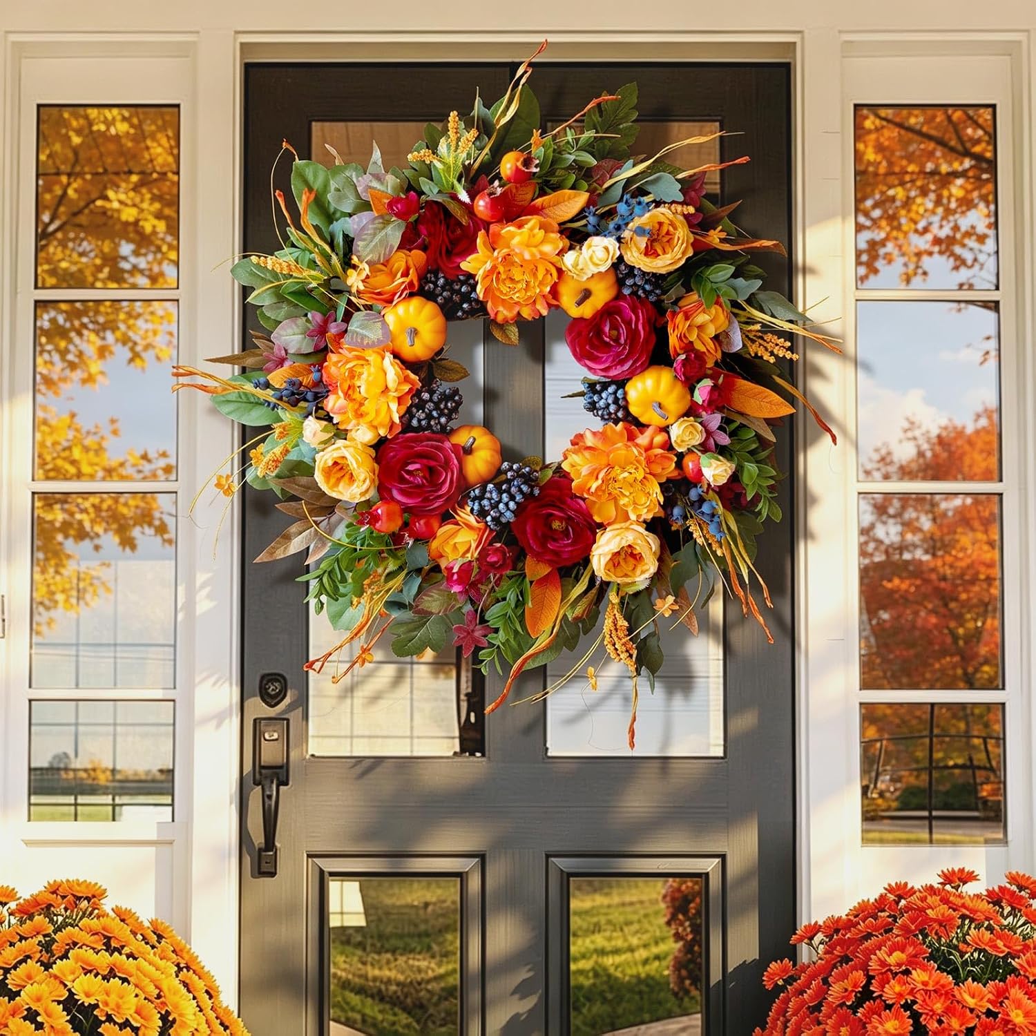 24 Inch Artificial Harvest Fall Wreath for Front Door,Porch & Entryway,Wall | Handmade Autumn Wreath with Burgundy Roses,Orange Pumpkins,Peony,Blue Berries –Indoor Outdoor Thanksgiving & Halloween Decor