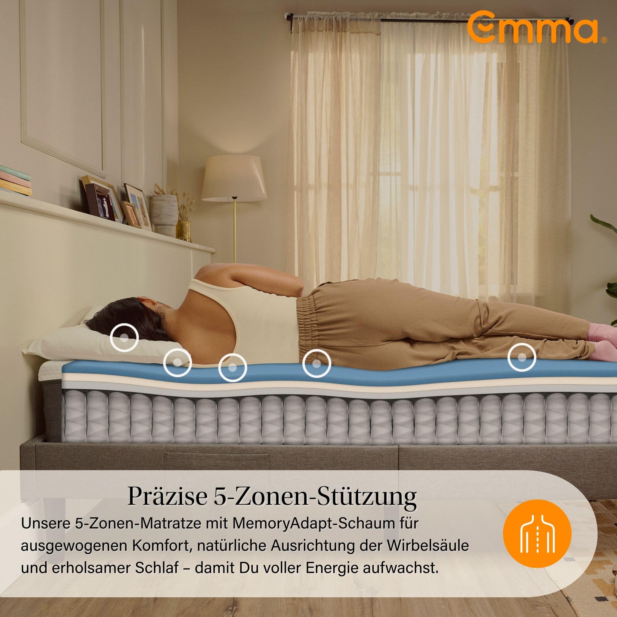 Emma Hybrid II Matratze 140x200 cm, 25 cm Höhe - Memoryschaum und Federkernmatratze mit Taschenfedern, Mittelweich H2, 5 Zonen Unterstützung, Druckentlastend und Atmungsaktiv, Waschbarer Bezug