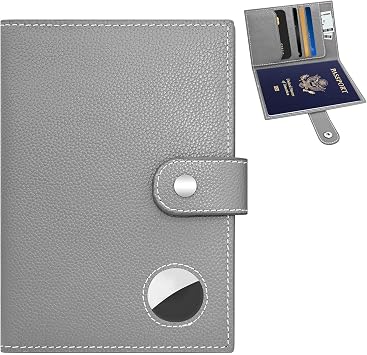 Genuine Leather Slim Passport Holder with RFID & Tracker Slot Gray