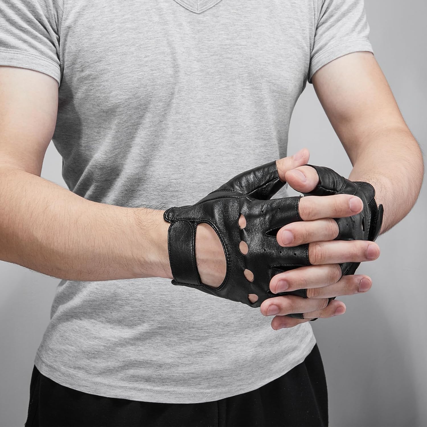 KEMIMOTO Fingerless Sheepskin Leather Motorcycle Gloves, Half Finger Riding and Driving Gloves for Men and Women