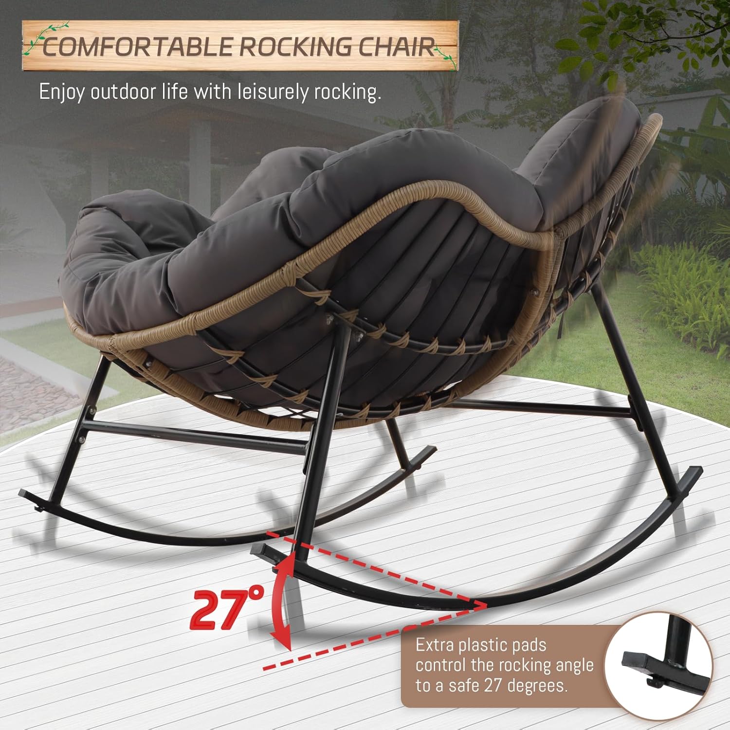 BULEXYARD Oversized Patio Egg Chairs for 2 Person, Double Papasan Rocking Chair with Cushion, 450 Lbs Heavy Duty, PE Wicker Comfy Recliner, Indoor Outdoor Papasan Rocker for Deck, Livingroom, Gray