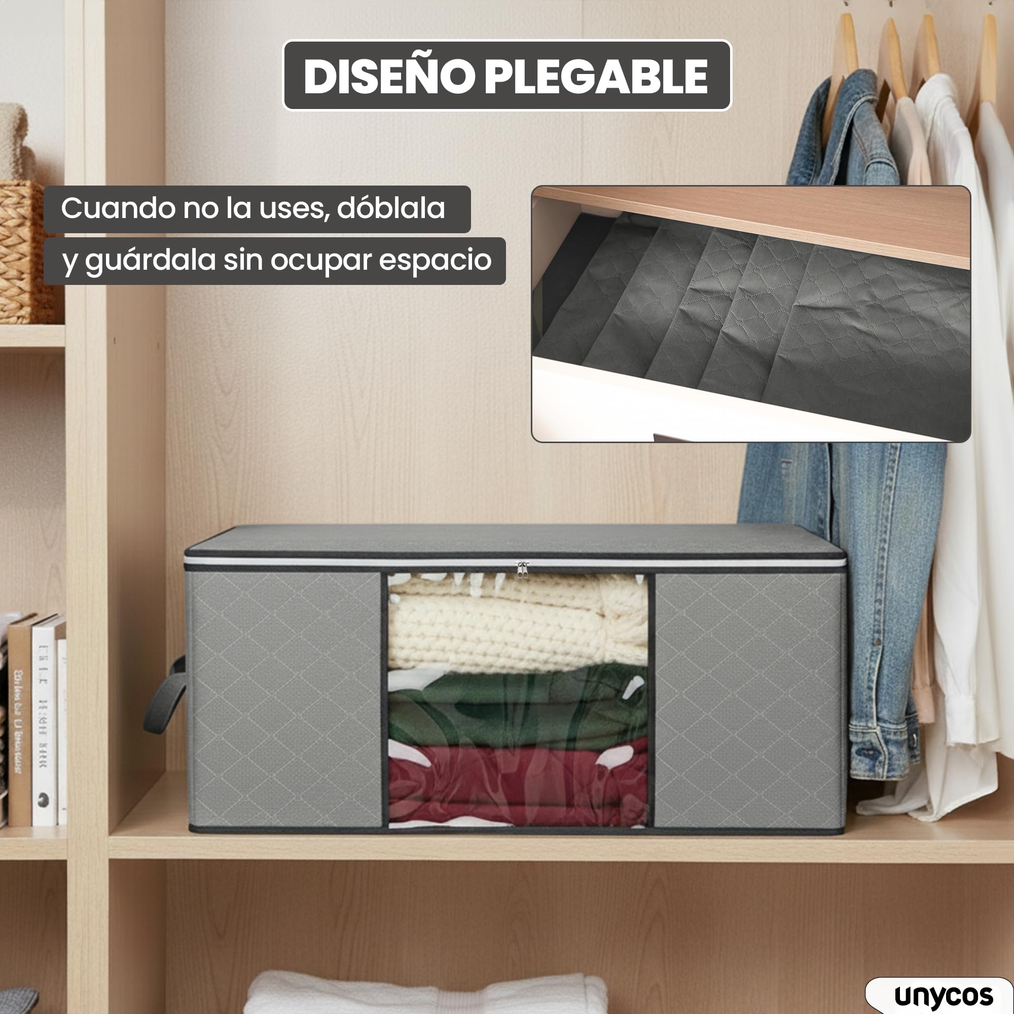 unycos - Cajas para Almacenaje de Ropa x 6【35L】 Bolsas Plegables con Ventana Transparente, Doble Cremallera y Asas Reforzadas, Organizador de Toallas, Edredones, Juguetes | Hasta 10 kg (Grey/Black)