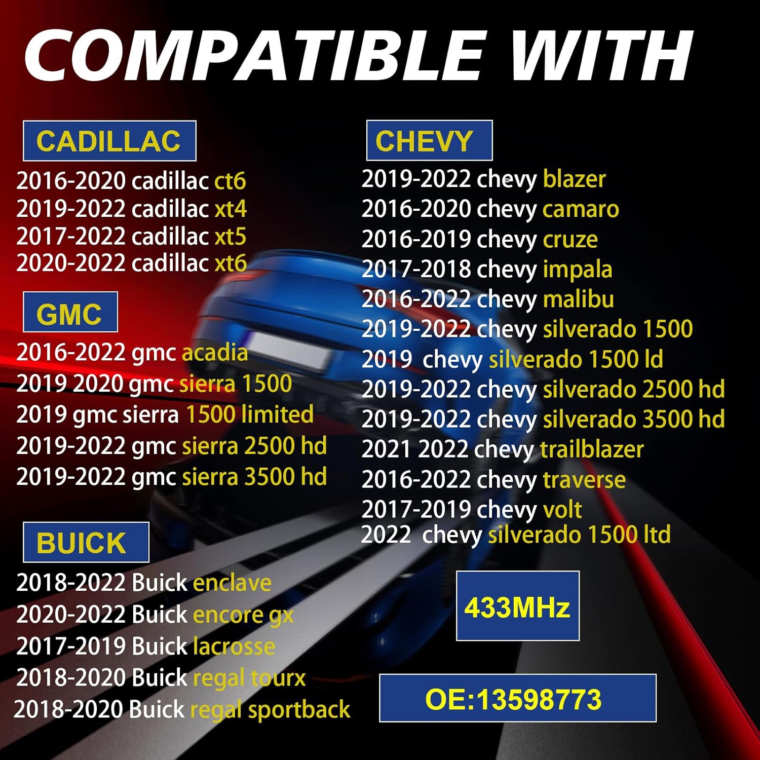 Pre-Programmed Tire Pressure Monitoring Sensor 433MHz TPMS Sensor Compatible with Chevy 2016-2022 Traverse Malibu 2017 2018 Impala 2019 2020 2021 2022 Silverado 1500 2500hd 4PCS 13598773