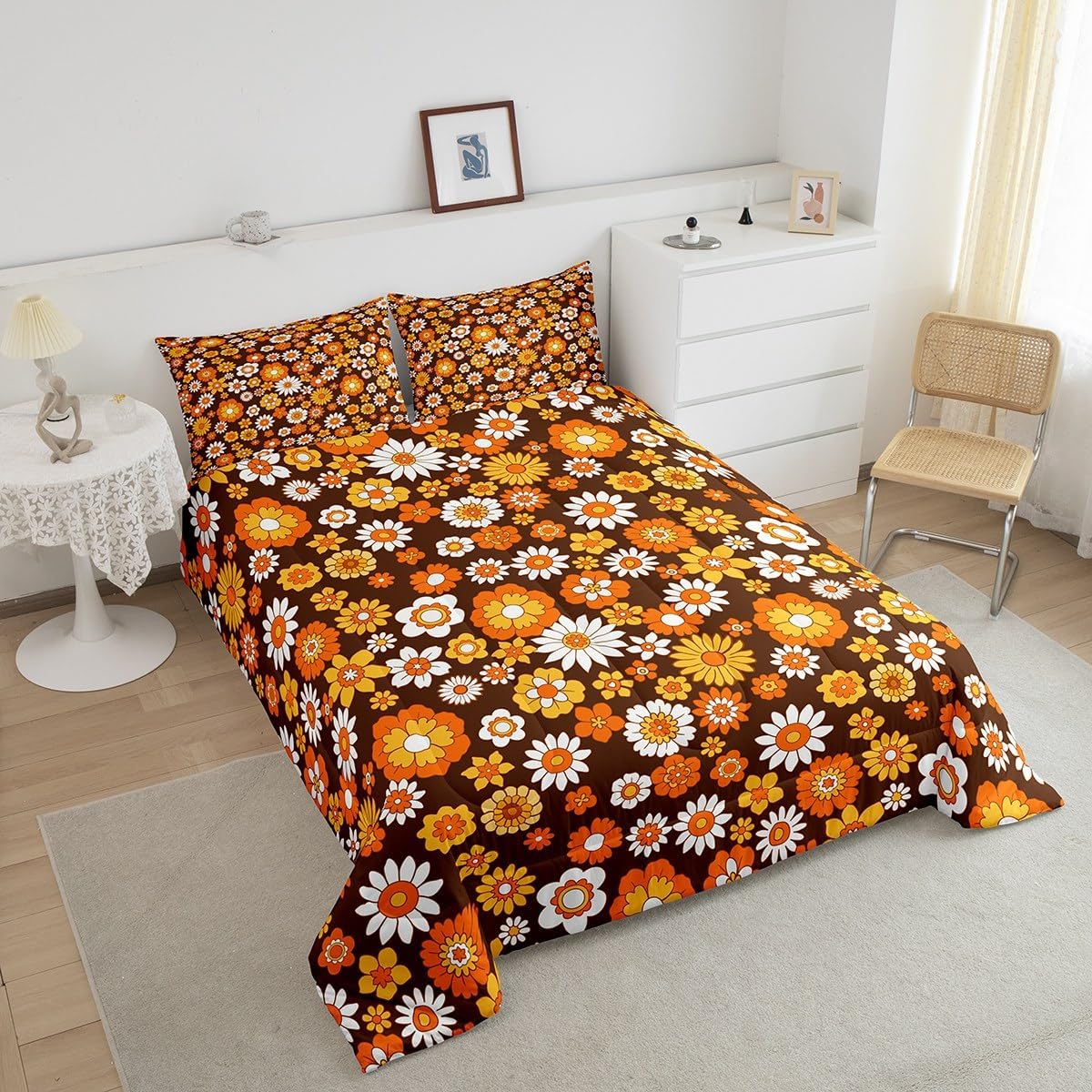 Groovy Boho Floral Power Bedding Set Queen For Teen Girls Women 60S 70S Retro Hippie Floral Down Comforter Vintage Colorful Groovy Flowers Power Comforter Set Bohemian Quilted Duvet 2 Pillow Cases