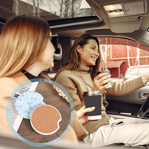 Miniatura 6 de 2 posavasos de automóvil con lazo azul, almohadilla de corcho de cerámica con muesca de dedo, accesorios de automóvil para interiores para mujeres y