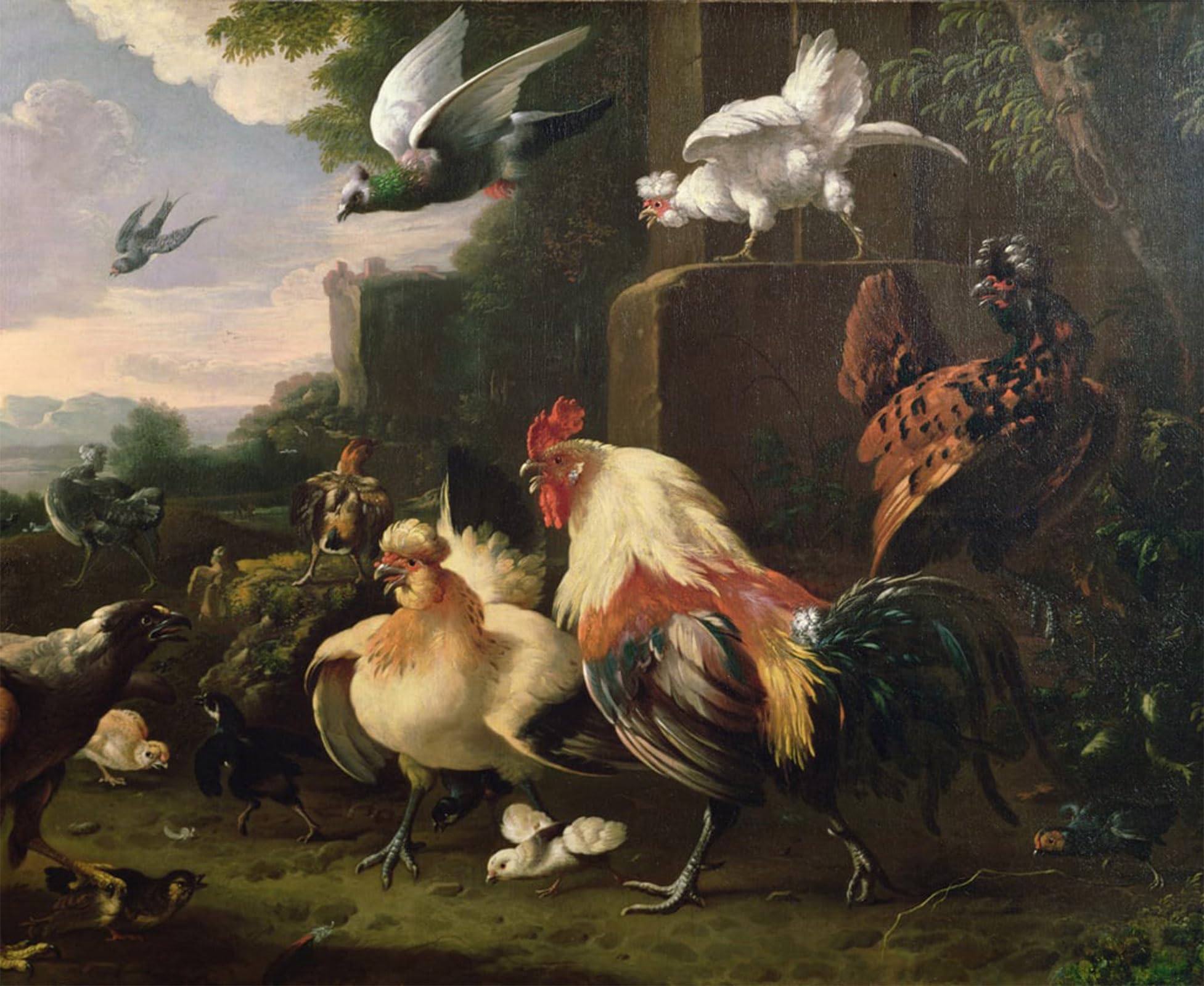 SERENDIPITP Vintage Picture Print on Canvas Wall Art Poster a Cockerel and Other Fowl in a Landscape by Melchior De Hondecoeter Artwork Print Poster for Wall Decor 60x90cm
