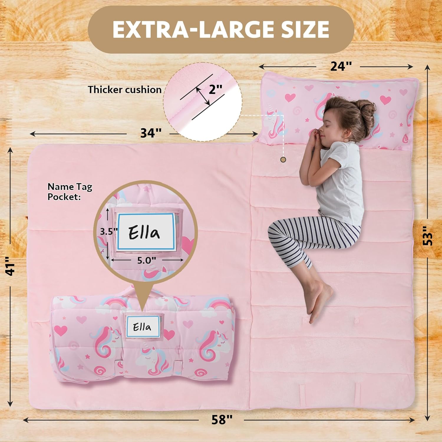 Toddler Nap Mat with Detachable Pillow & Blanket - Soft Plush Minky Fleece Kids Sleeping Bag for Daycare, Preschool & Travel - Portable Roll-Up Design with Carry Handle - Boys Girls Ages 3+