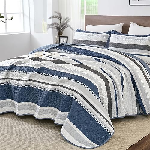Miniatura 17 de Juego de ropa de cama de tamaño queen de WONG BEDDING, juego de colcha acolchada de 3 piezas con rayas negras, edredones ligeros de verano tamaño