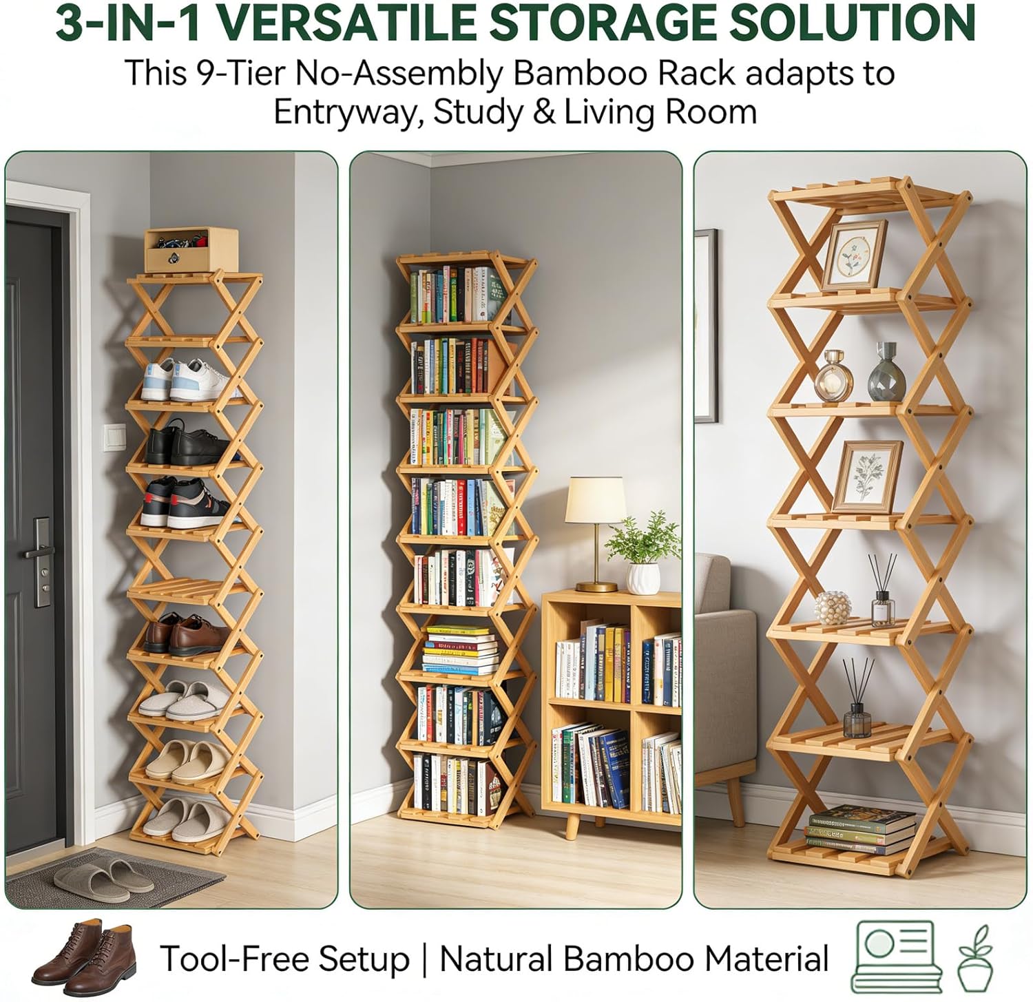 The 9-Tier No-Assembly Bamboo Rack, Portable and Foldable Design, Space-Saving Narrow Shelf for Store Shoes, Books, and Flower Pots (5 Tier,Walnut Wood)
