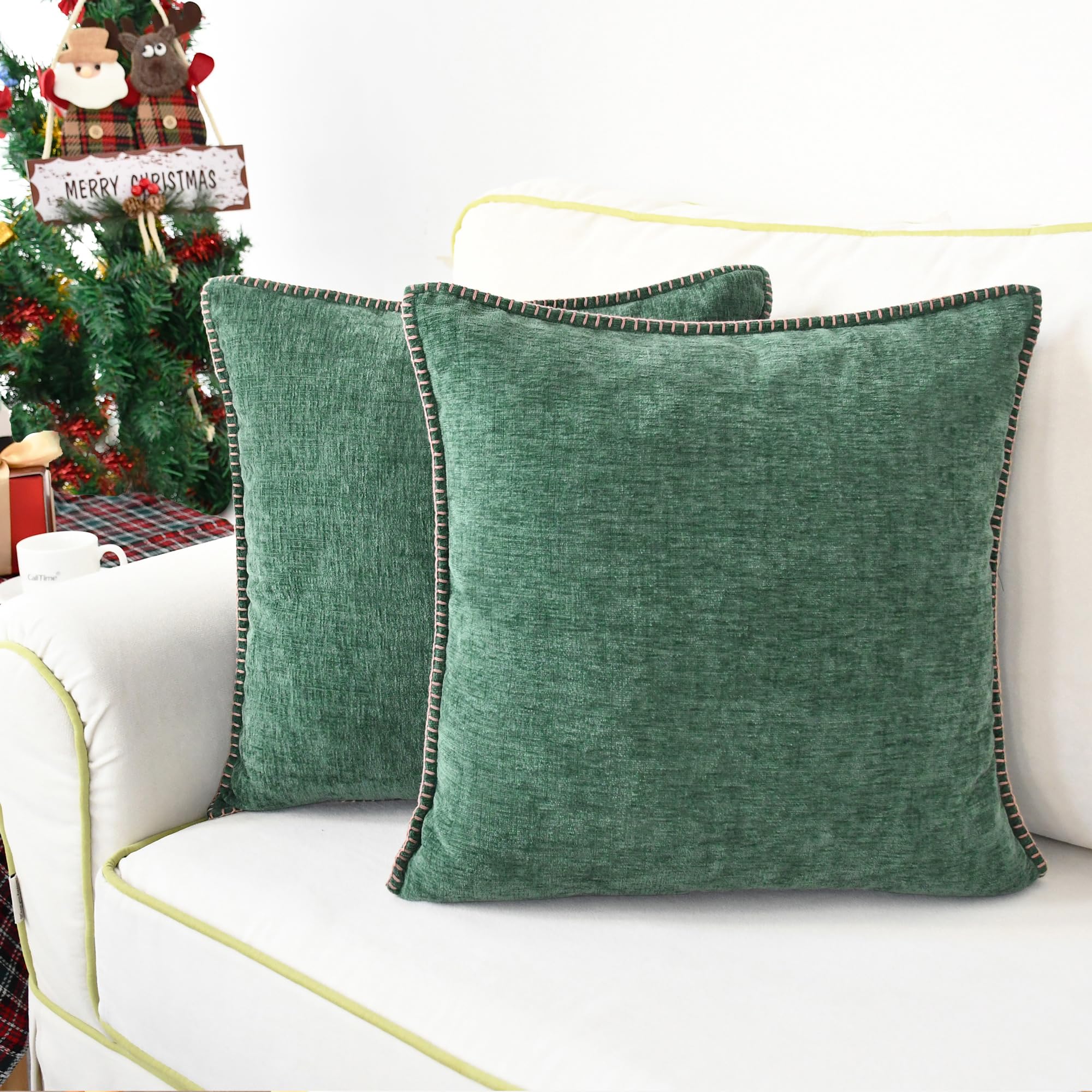 CaliTime Christmas Throw Pillow Cases Pack of 2 Cotton Thread Stitching Edges Solid Dyed Soft Chenille Cushion Covers for Couch Sofa Home Farmhouse Decoration 18 X 18 Inches Dark Green