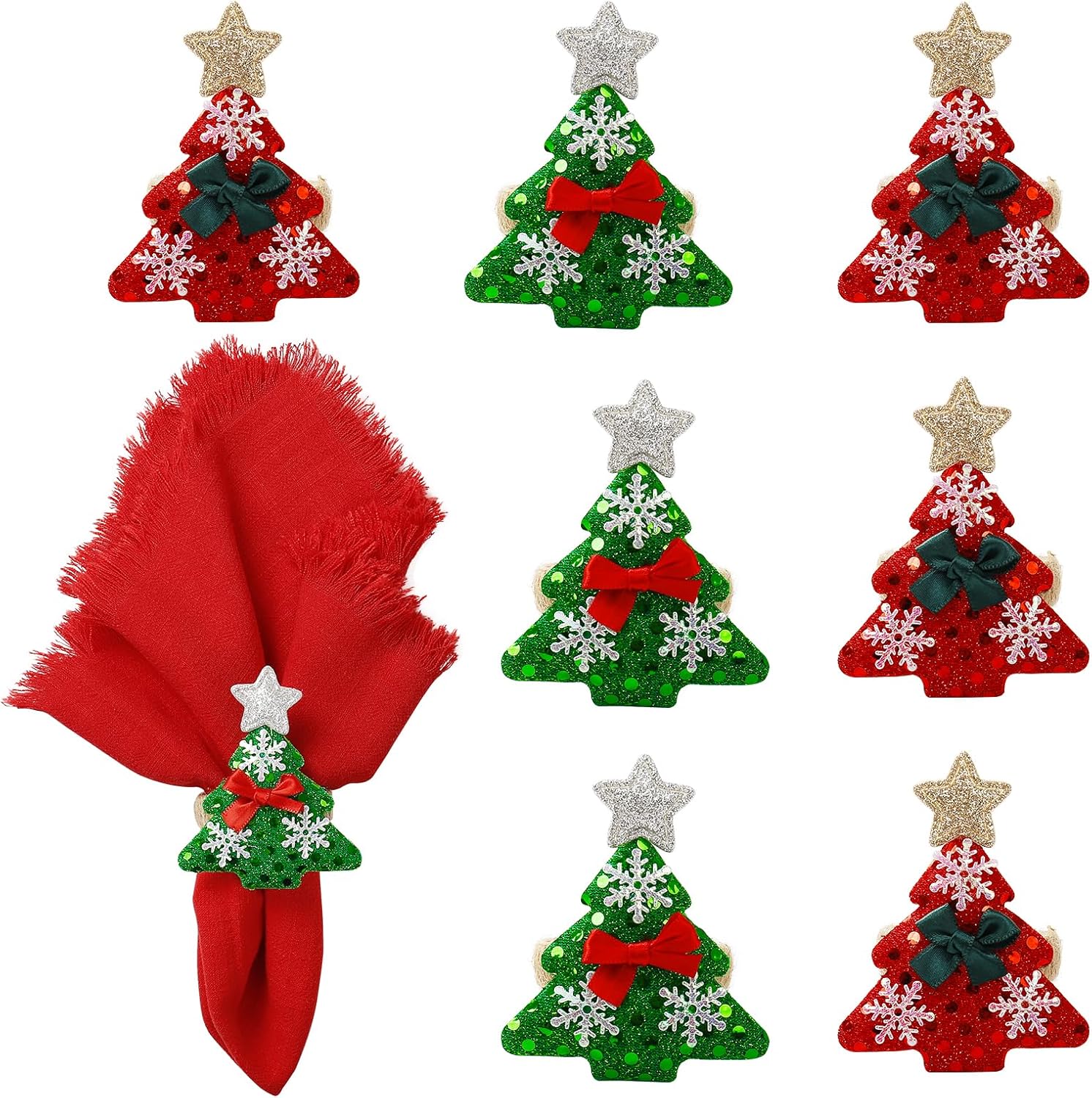 Getfitsoo Christmas Tree Napkin Rings Set of 8, Handmade