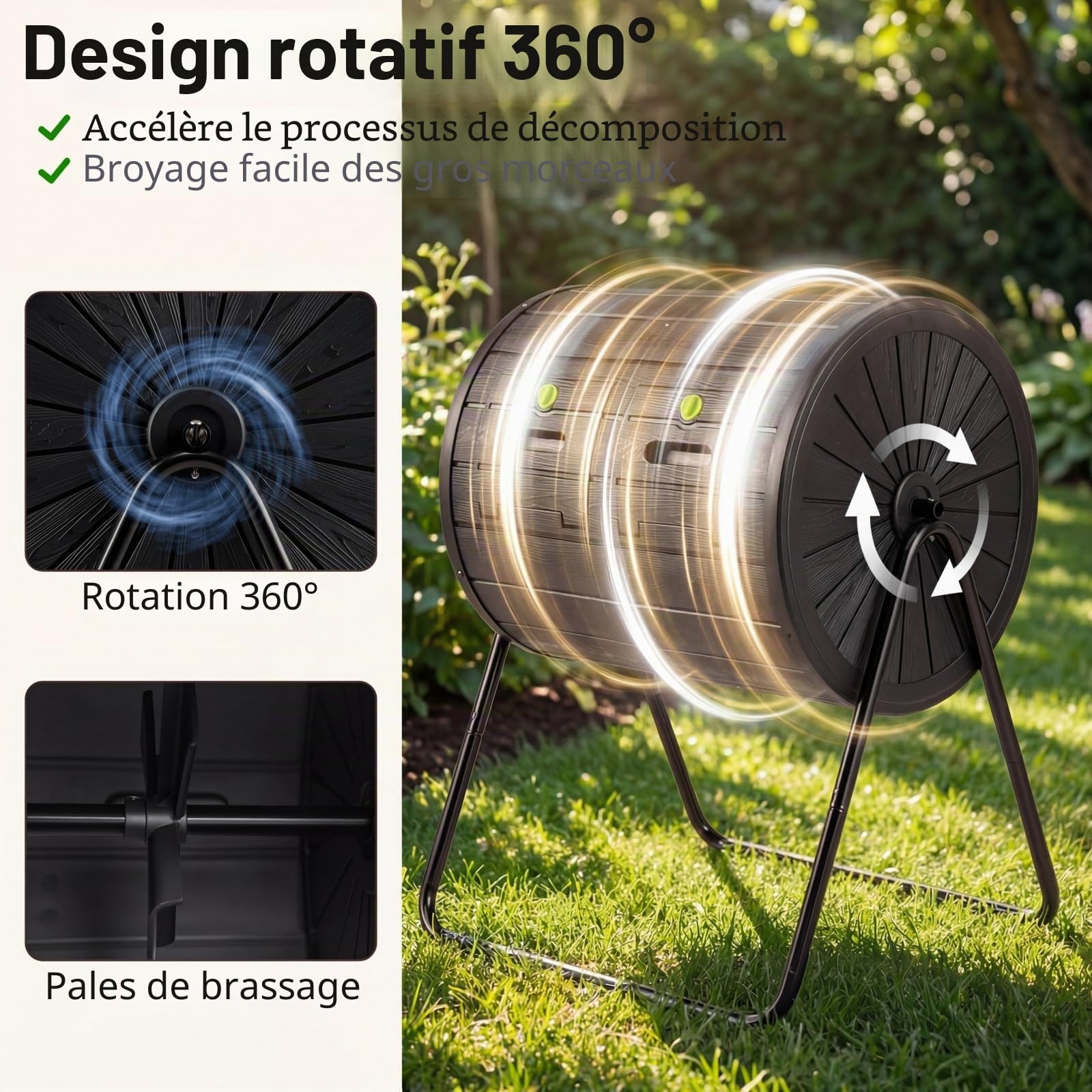 HOMASIS Composteur de Jardin Rotatif, Bac à Compost Extérieur 142 L avec Double Chambre en PP sans BPA, 2 Portes Verrouillables, Lames de Mélange, Support Métal, pour Déchets de Cuisine Jardin (Noir)
