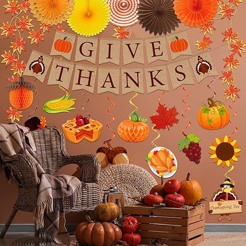 Miniatura 3 de Decoraciones de Acción de Gracias, pancarta de agradecimiento y calabaza, pavo, remolinos colgantes, guirnalda de hojas de arce, decoración temática