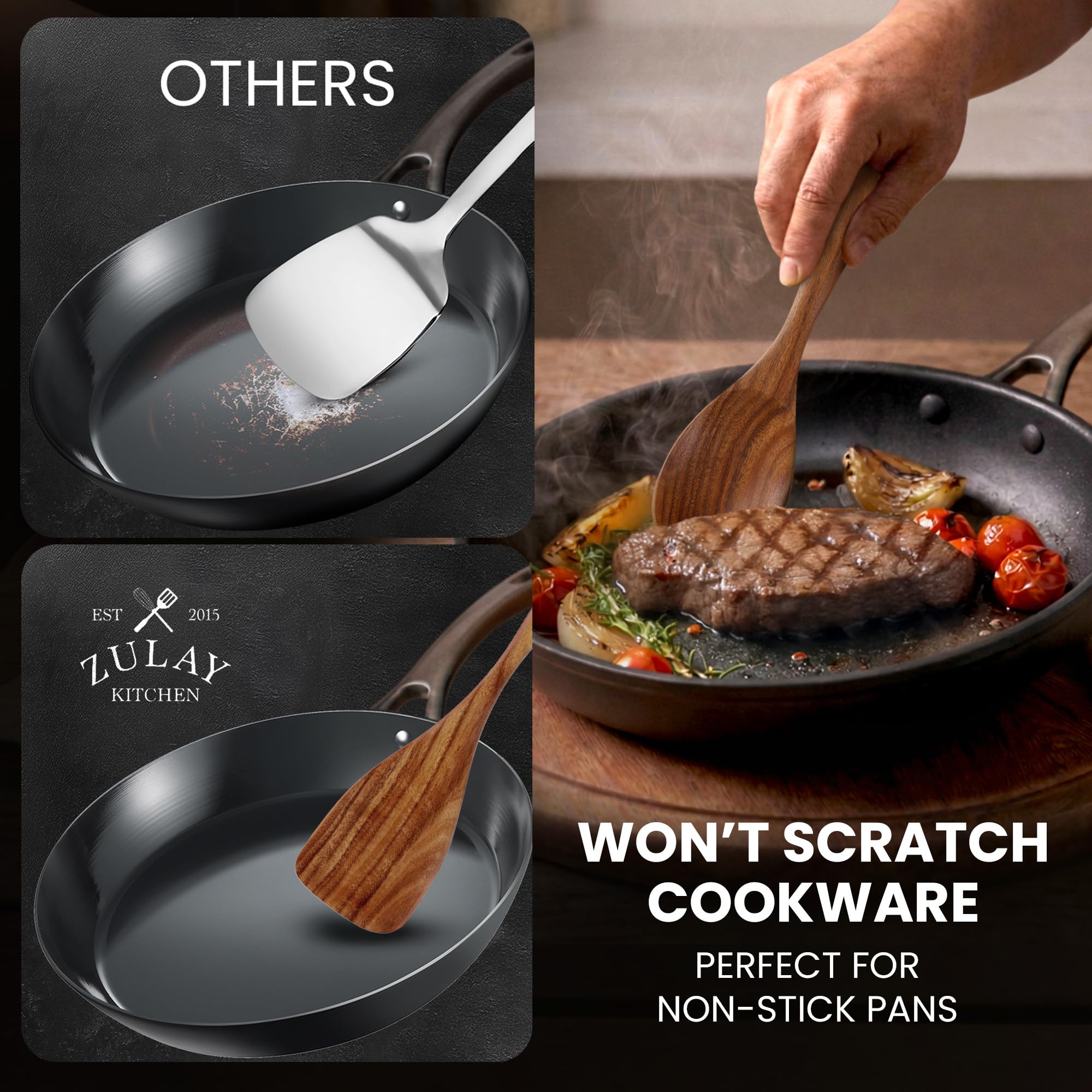 Zulay Kitchen Lot de 6 ustensiles de cuisine en bois extra-larges - Ustensiles de cuisson en teck lisse - Manche antidérapant non collant, spatule, écumoire, fourchette, cuillère de service
