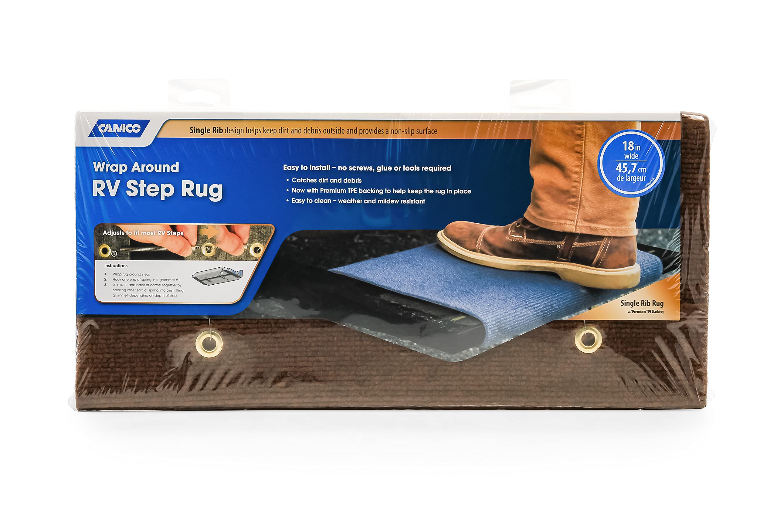 CamcoWrap Around Camper/RV Step Rug | Features Premium TPE Backing for More Grip on RV Stairs | No Tool Installation | Measures 17.5” x 18” (42906)