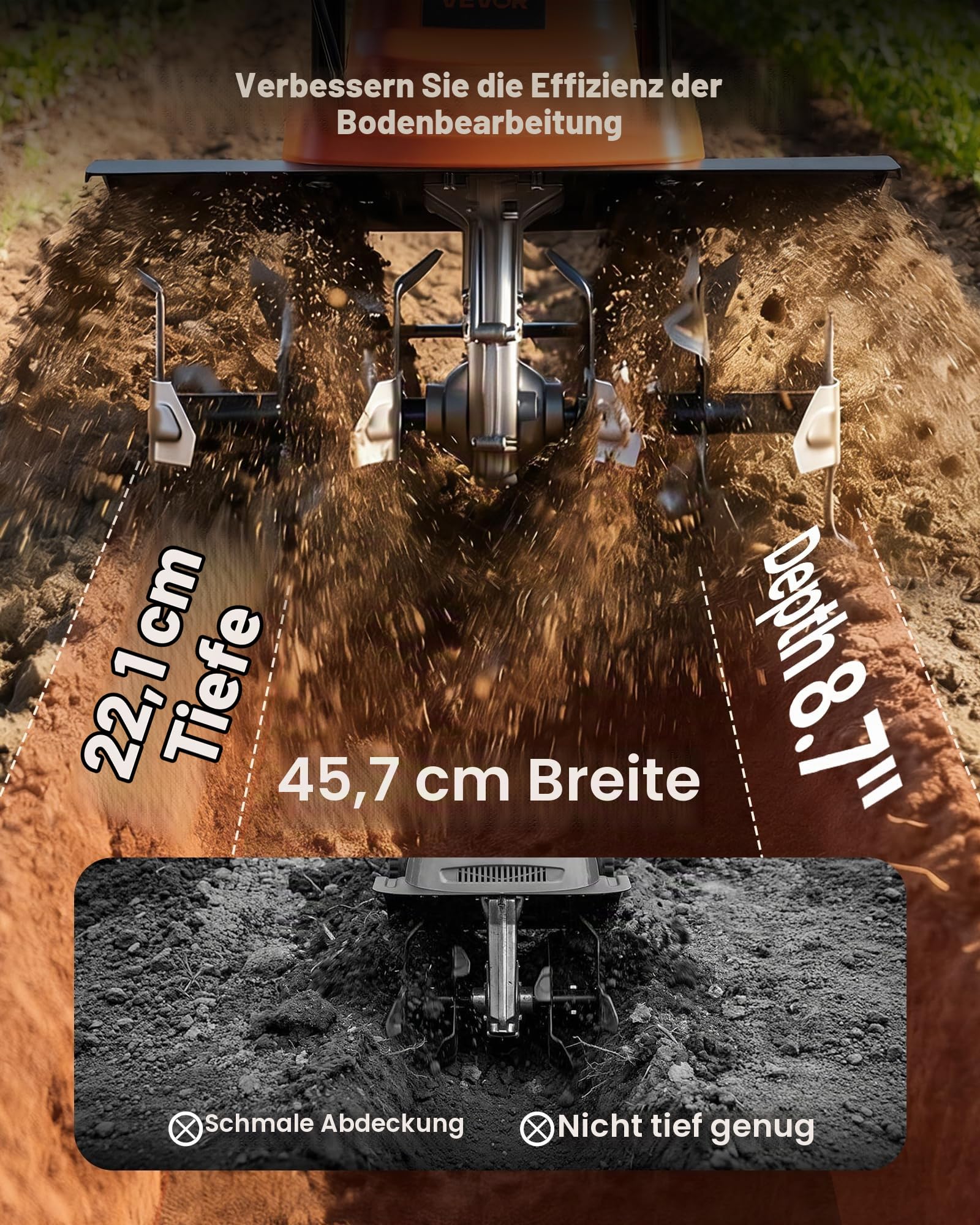 VEVOR Elektro Bodenhacke 45 cm Arbeitsbreite, 22 cm Arbeitstiefe, 1500 W Motorhacke, Bodenkrümler, Kultivator mit Stahlzinken & Klappbarem Führungsholm, Gartenfräse für Rasen-, Hof- & Gartenpflege