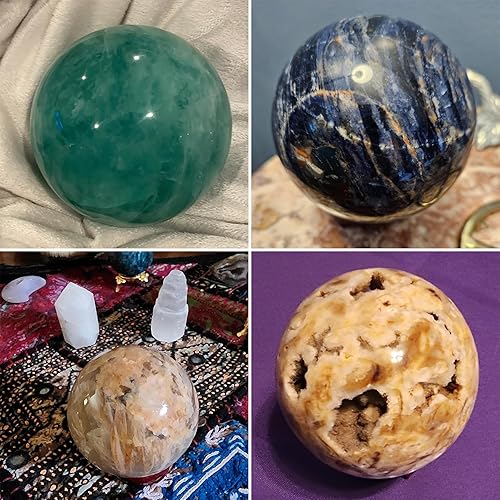 Miniatura 7 de AMOYSTONE Esfera de adivinación de bola de fluorita verde con soporte de madera, esfera decorativa de cristales curativos naturales para Feng Shui,