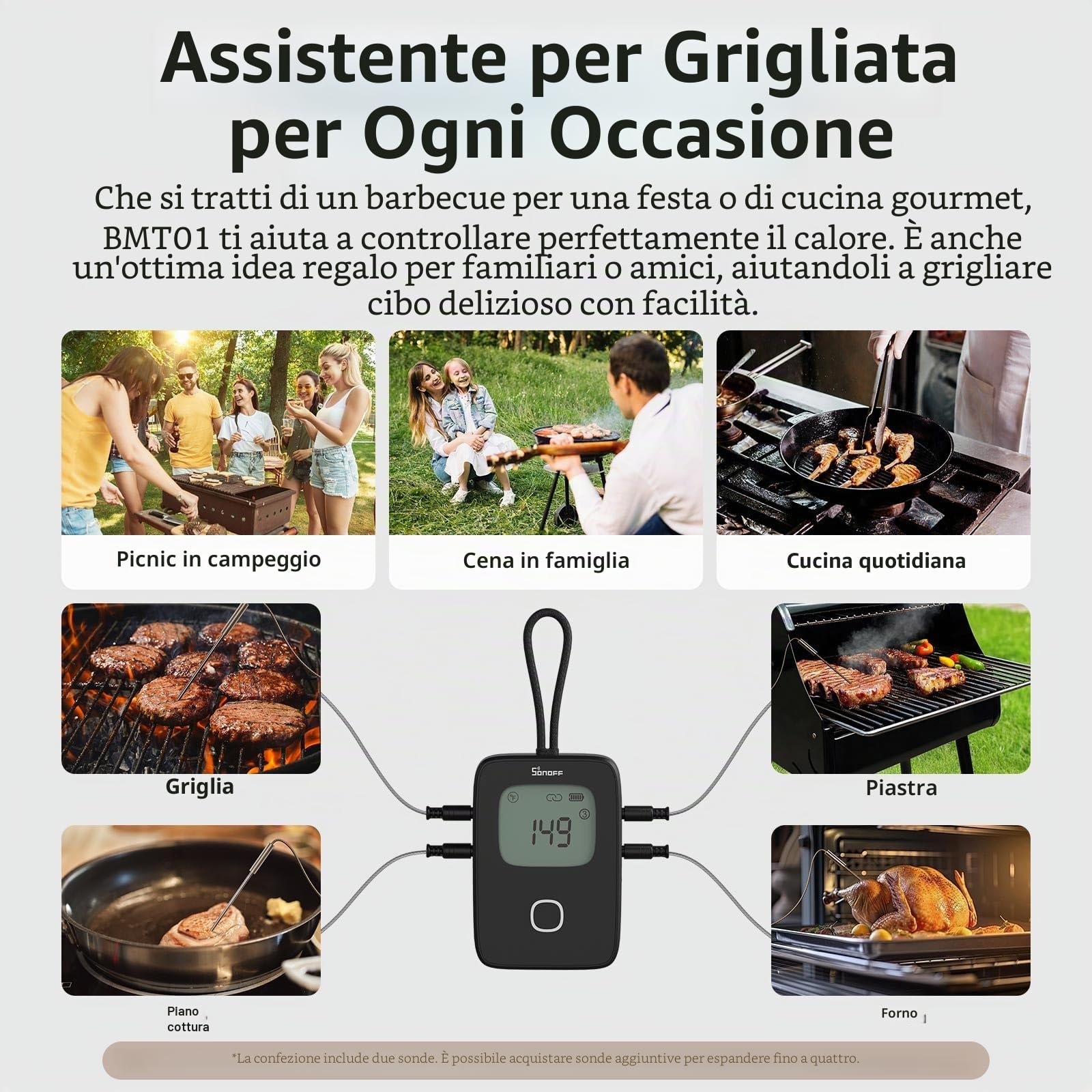 SONOFF BMT01 termometro da cucina a doppia sonda, sonda carne per barbecue, Display LCD con Lettura Istantanea, Timer e Allerta Preimpostata, Adatto per BBQ, Grigliate, Cottura e Forno.