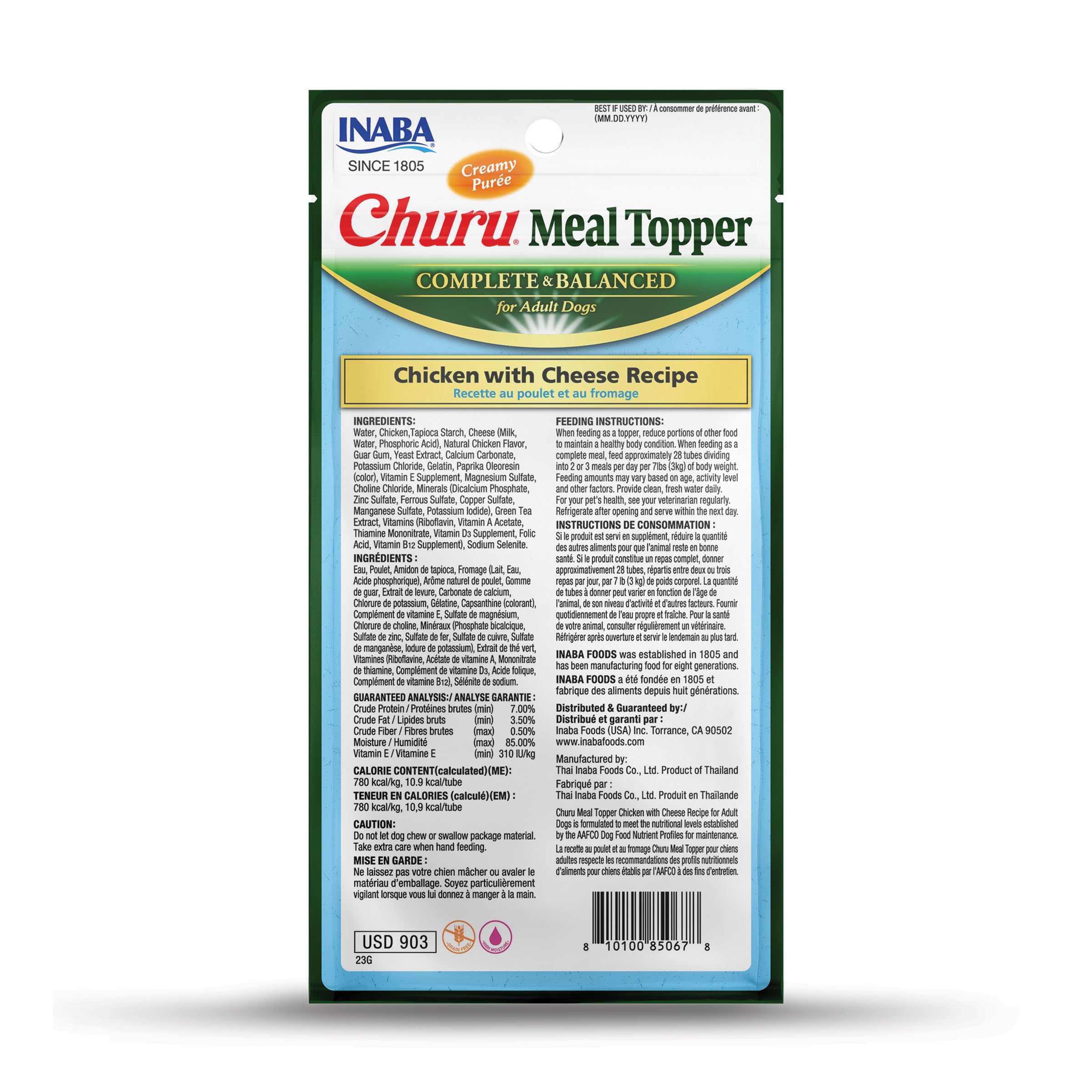 INABA Churu Meal Topper for Dogs, Complete & Balanced, Creamy, Lickable Purée Dog Food Topper, 0.5 Ounce Tube, 4 Tubes (4 per Pack) Chicken with Cheese Recipe