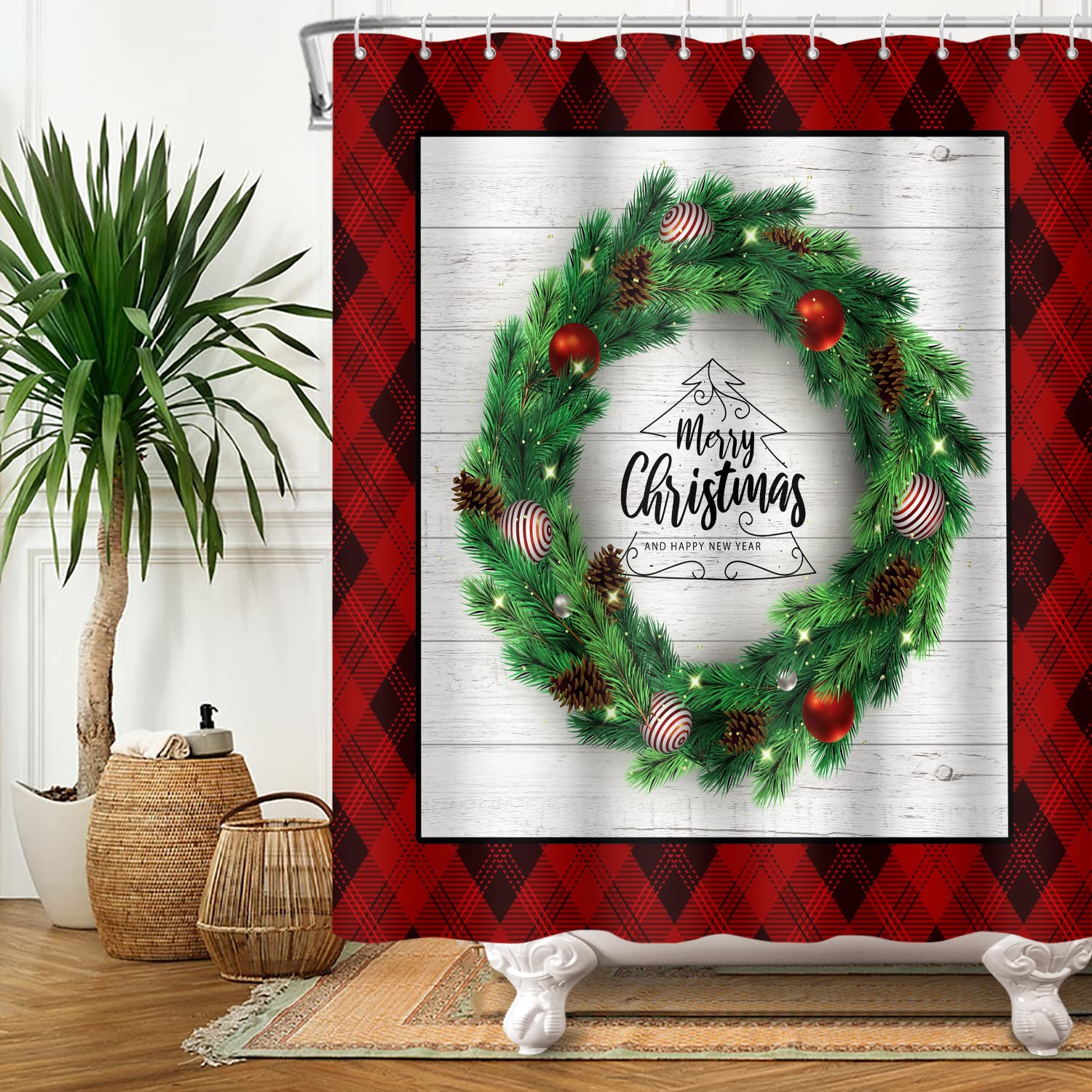 Bovlleetd 180x200 cm Buon Natale Tenda da Doccia - Ramo di Pino, Anello con Campane, Bianco Vintage, Legno, Bufalo, Cuciture - Impermeabile per Bagno