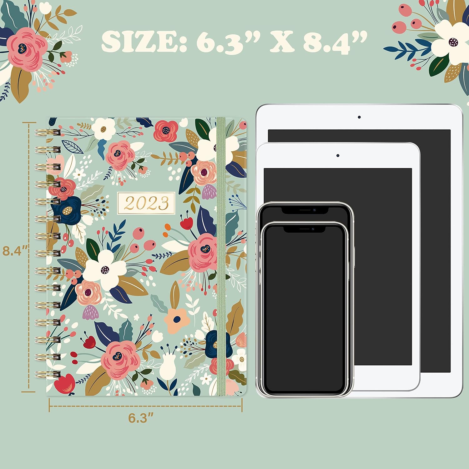 Planner 2023 - Planner 2023, Weekly & Monthly Planner with Tabs, 6.3" x 8.4", January 2023 - December 2023, Hardcover with Back Pocket + Thick Paper + Twin-Wire Binding - Green Floral