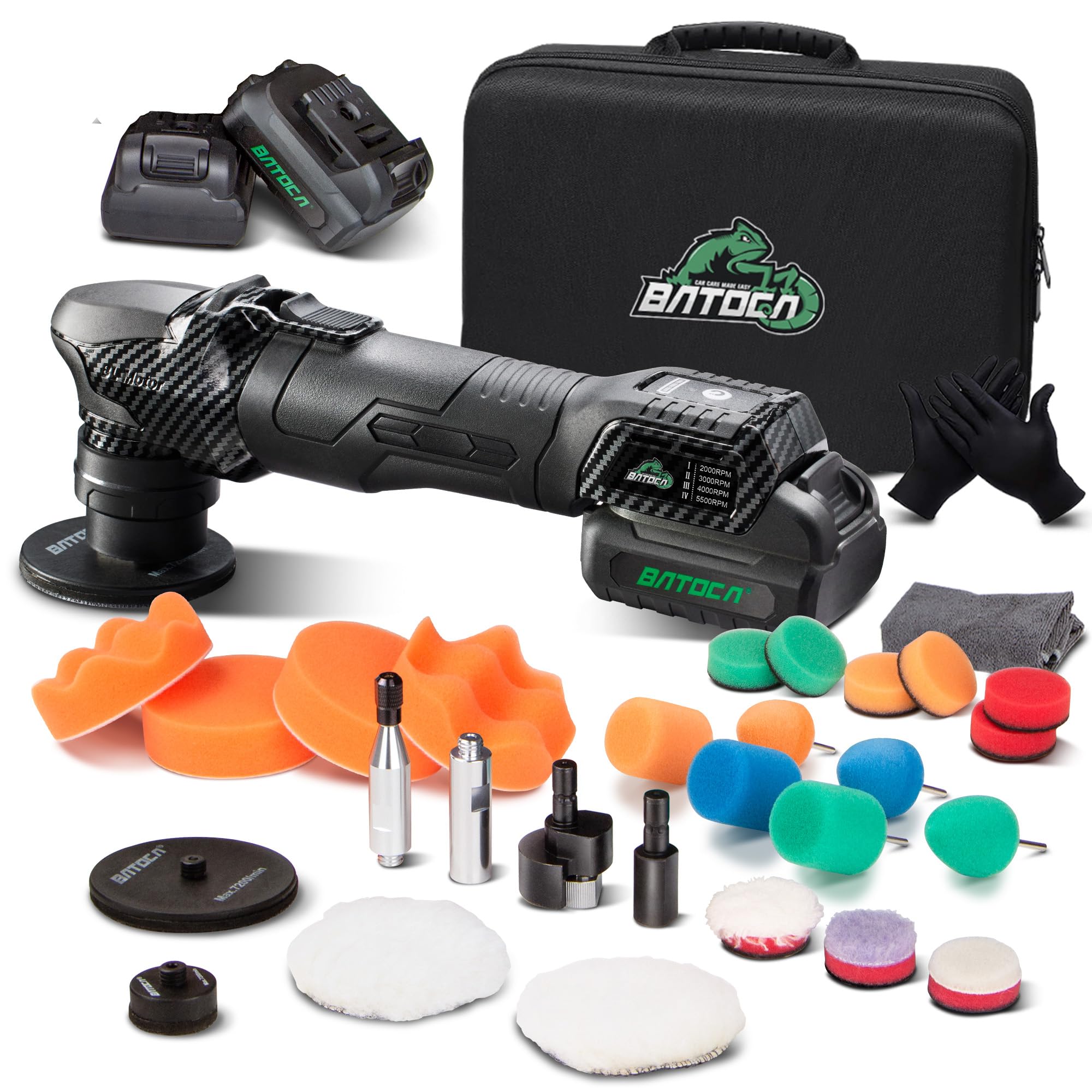 BATOCA S4 Profi Akku Poliermaschine,Rotierende und Orbitale Doppelnutzung,Bürstenloser Motor,Mini Polier Kit,12V Akku Poliergerät mit 2 2.5Ah Batterien,4 Geschwindigkeiten 2000-5500PRM,Detail Polieren