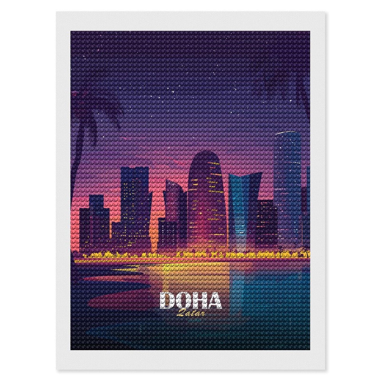 Junmoney Doha Qatar Skyline at Night DIY Diamond Art Canvas Kit 12"x16", Farmhouse Decor, Vintage Style Decor, Handmade Wall Decor, Canvas Picture