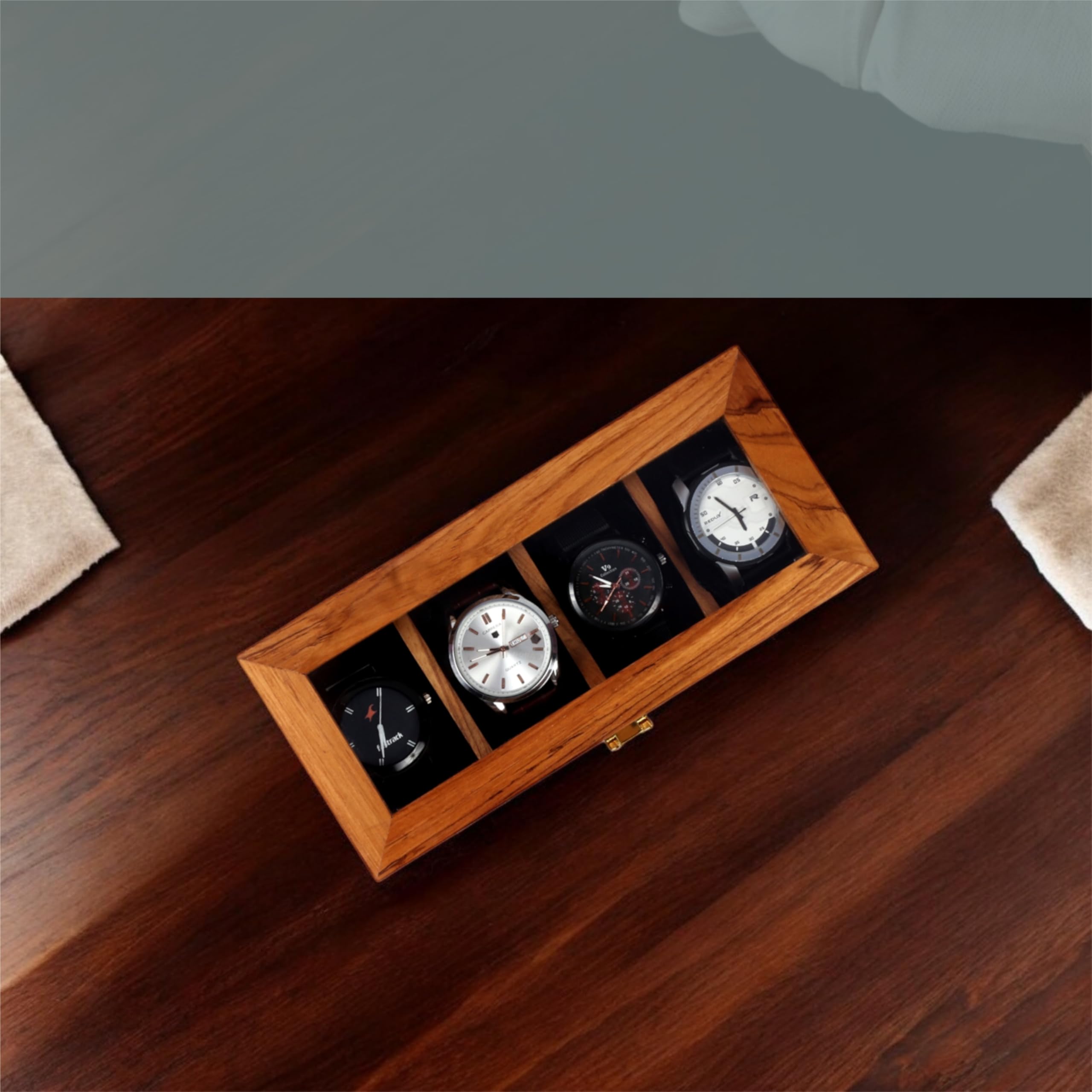 Caja de reloj de madera, organizador de almacenamiento, vitrina, soporte para joyas, regalo para hombres y mujeres, hecho a mano en madera de teca, de 4 a 12 ranuras, viene con