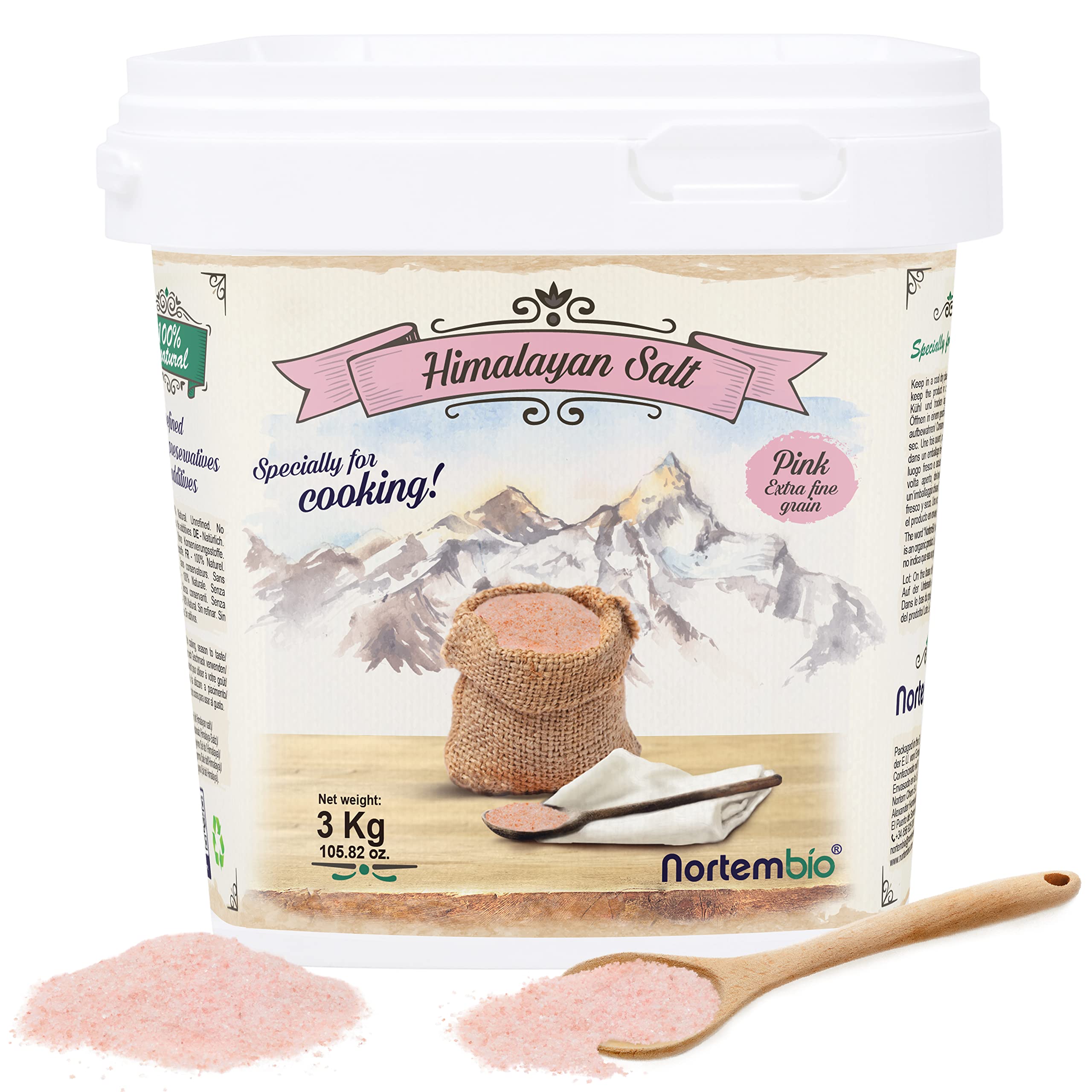 Nortembio Sal Rosa del Himalaya 3 kg Extra Fina (0,5–1 mm) Origen Pakistán Sal Mineral Natural sin Refinar para Uso Culinario + Gratis eBook con Recetas!
