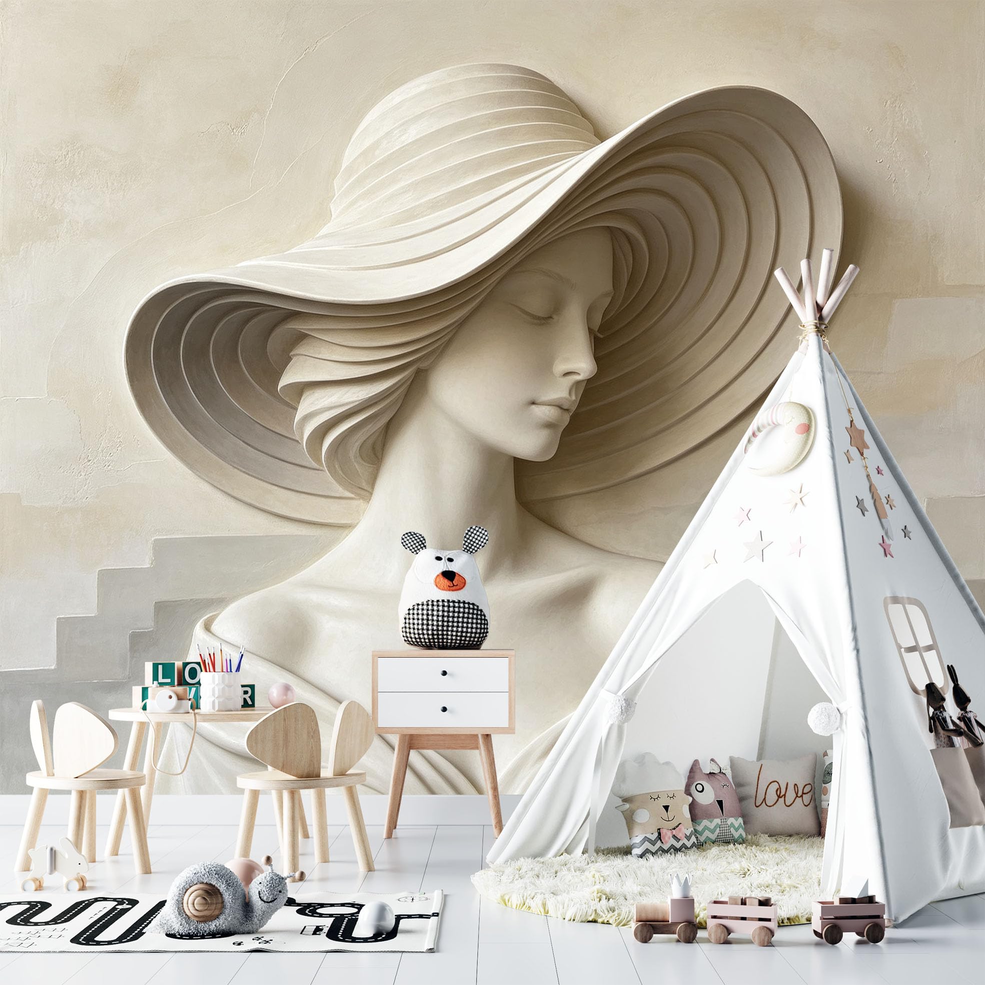 Papier Peint Photo Mural 3D 250 x 180 cm Effet Relief Représentant Une Femme Coiffée D'Un Chapeau À Larges Bords Décoration Fresque Murale Moderne pour Salon Chambre et Autres Pièces.