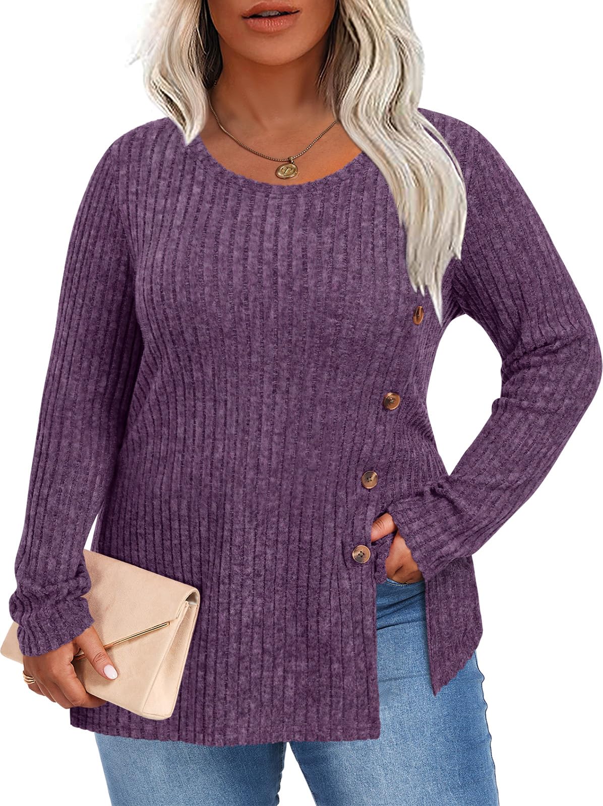 HOTGIFT Women Plus Size Top Knit Long Sleeve Sweater Button Tunic XL-5XL
