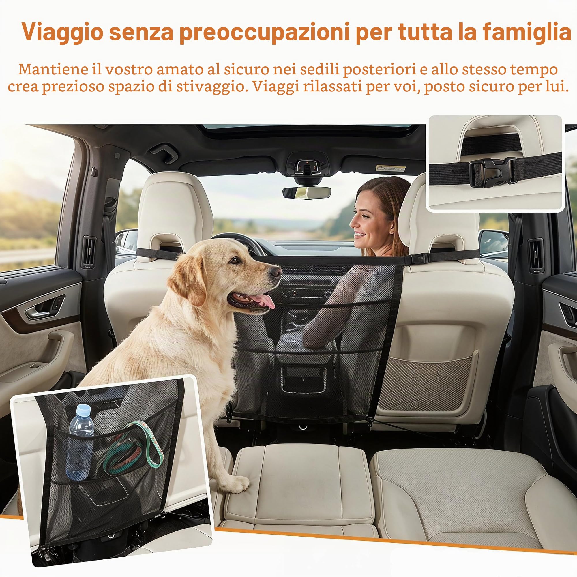 GGW Griglia per Cani per Auto con Tasche portaoggetti per Cani – Rete di separazione per Sedile Anteriore, barriera di Sicurezza Contro Il Cane dal Sedile Posteriore, Universale