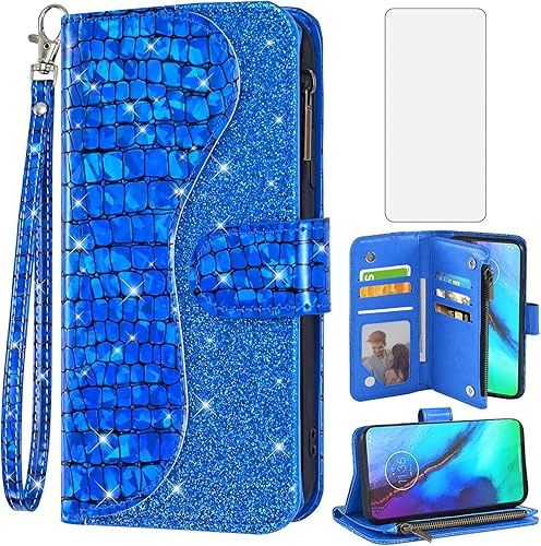 Asuwish Funda para teléfono Moto G Stylus 2020 MotoG Pro con protector de pantalla, de piel con purpurina y cremallera, tarjetero para celular