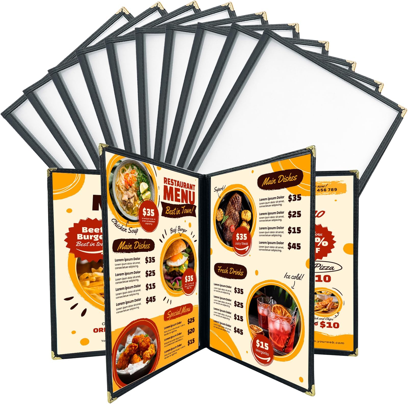FLKQC 10 Pack 4 Page Menu Covers, 8 View 8.5 x 11 Inch Clear PVC Menu Holder, Double Stitched Restaurant Menu Sleeves for Food, Wine & Drink Menus, Morning Menu Sleeves