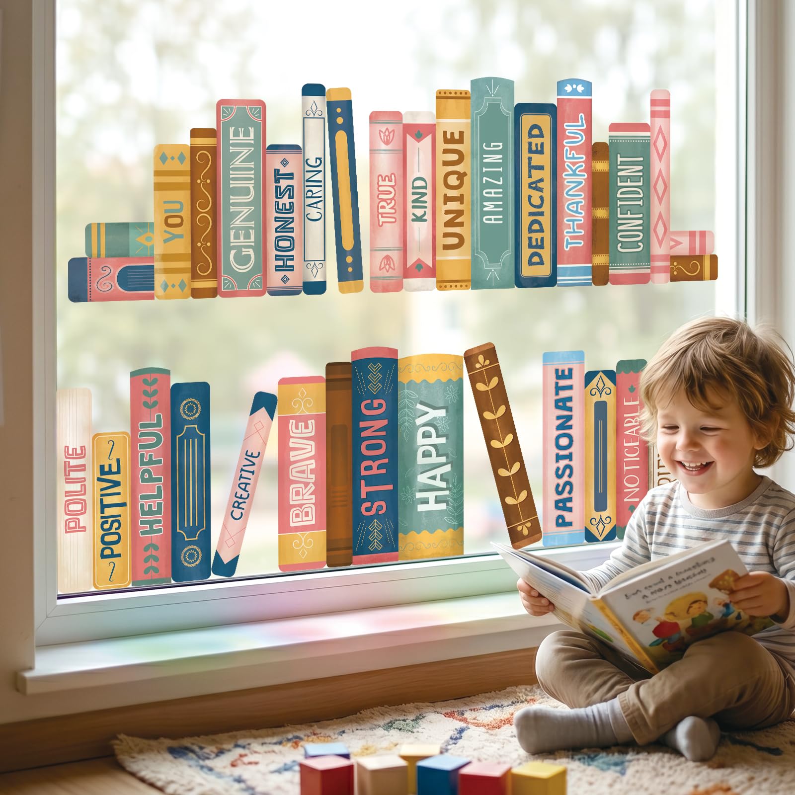 DECOWALL Boho Book Window Stickers, Double Sided Book Print Window Clings for Classroom Library Home Office Glass Decor, Back to School (CDS9-9006) — image 1