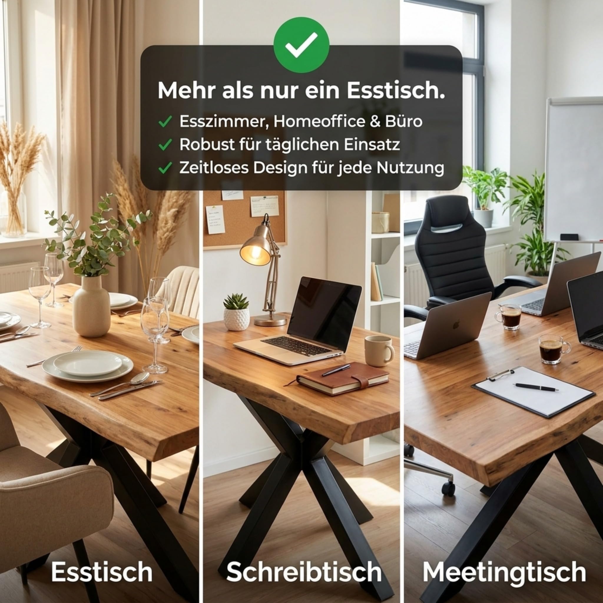 SAM Esstisch Cali 180x90 cm Akazie Natur Spider-Gestell schwarz | Baumkantentisch massiv, Akazienholz naturfarben, Esszimmertisch, Industrial-Design