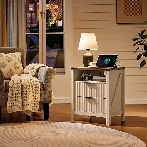 Miniatura 8 de Mesita de noche acanalada con estación de carga, juego de mesa auxiliar de granja de 2 a 20 pulgadas, mesita de noche moderna, elegante mesita de
