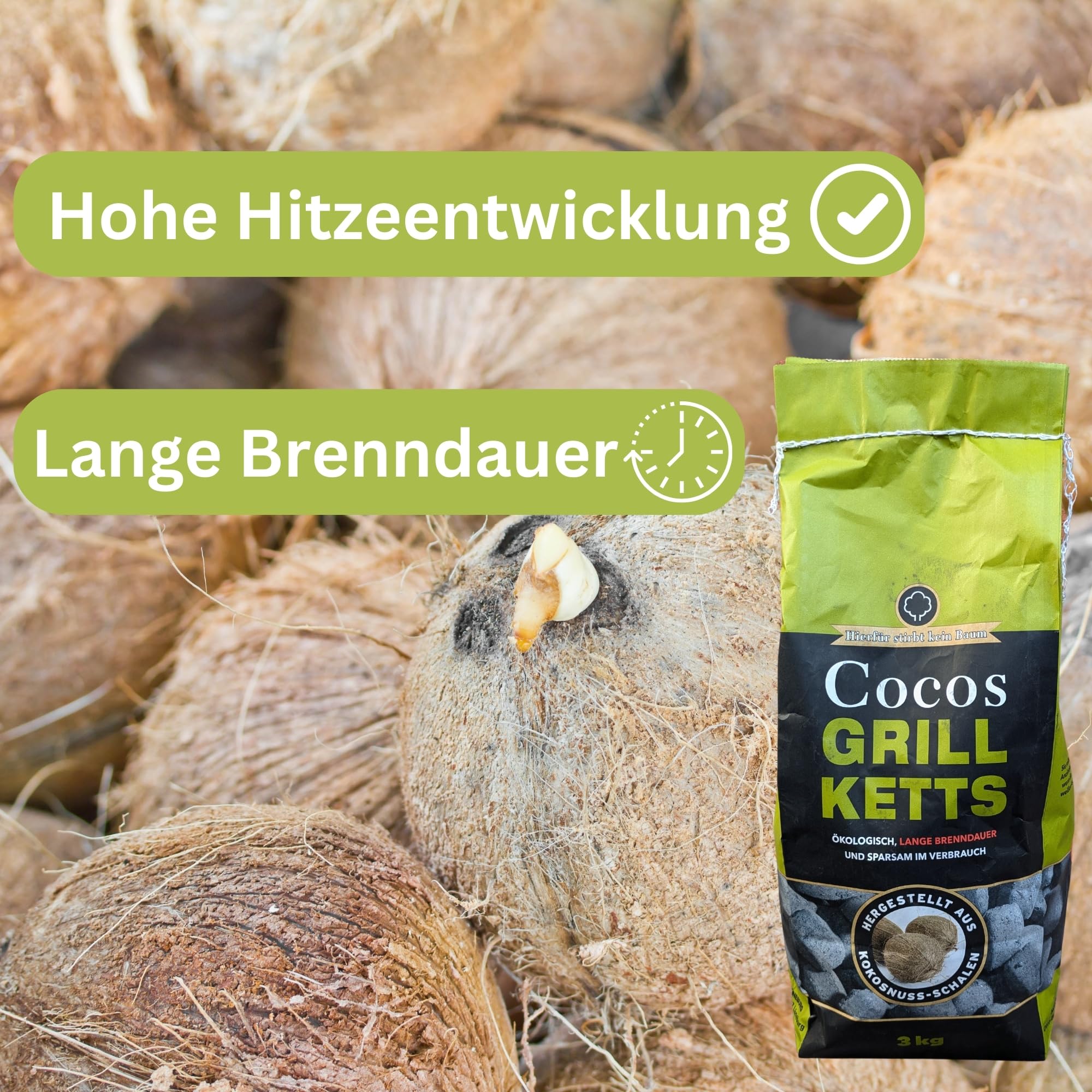 Kokosnuss Cocos Grillbriketts Premium Qualität aus Kokos-Kohle | 6kg | extra Lange Brenndauer | Made in Germany | Raucharm + GRATIS HL Kauf Block