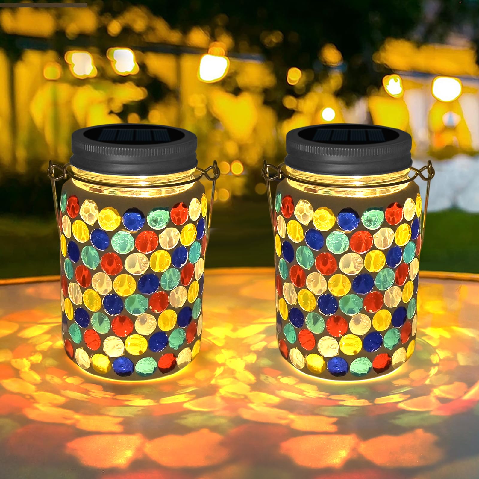 TOTHDATE 2PCS Solar Mosaik Leuchte für Außen, On/Off Glas Mosaik Hängend Licht Solarlaterne Tischleuchte IP65 Wasserdicht für Rasen Pfad Hof Deck Boden Teich, Punktmuster Mosaik