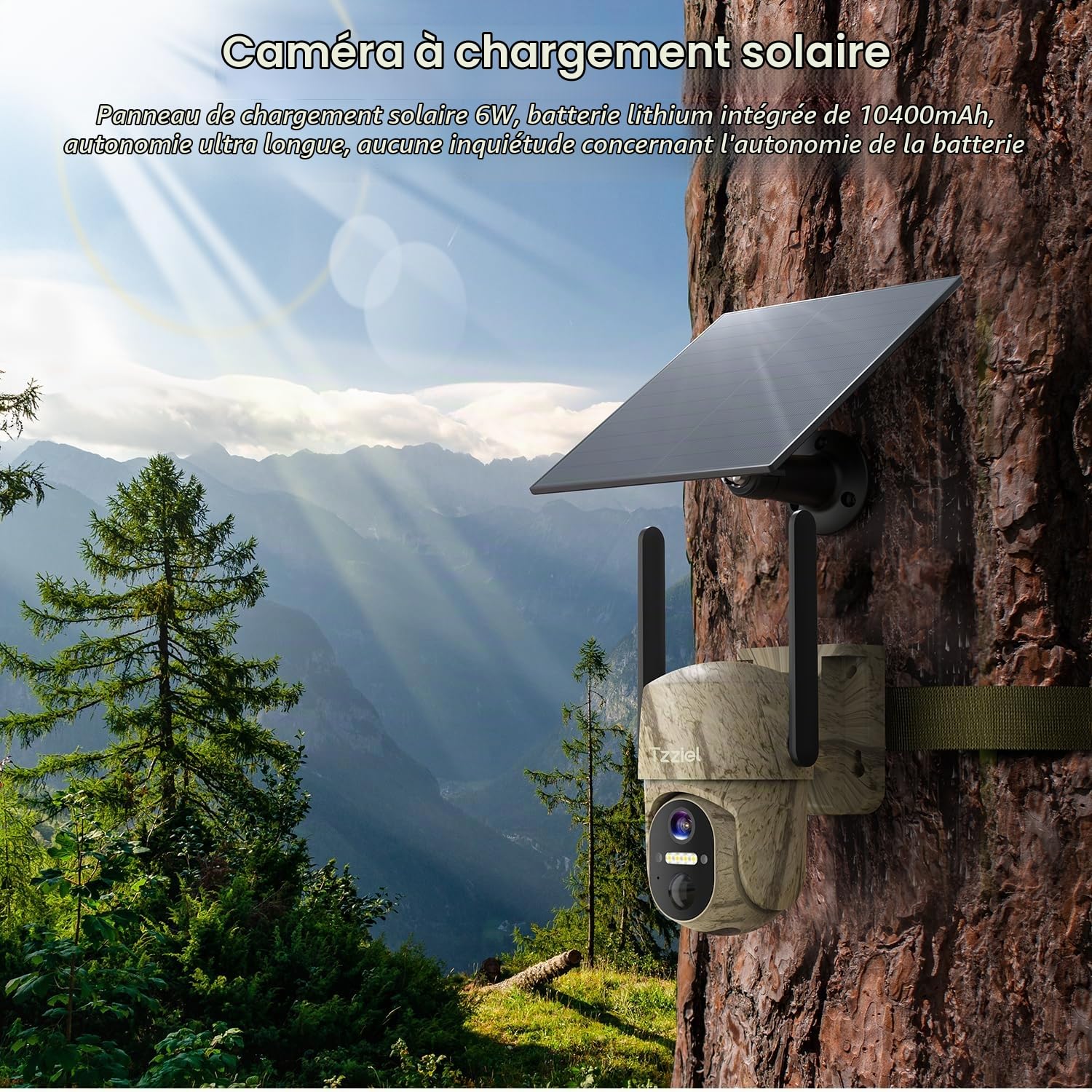 Camera de Chasse 4G et Carte Sim,2K Camera Exterieur sans Fil avec Panneau Solaire et Batterie,Détection PIR,Vision Nocturne Colorée,Audio Bidirectionnel,Étanche IP66,360° PTZ,sans WiFi