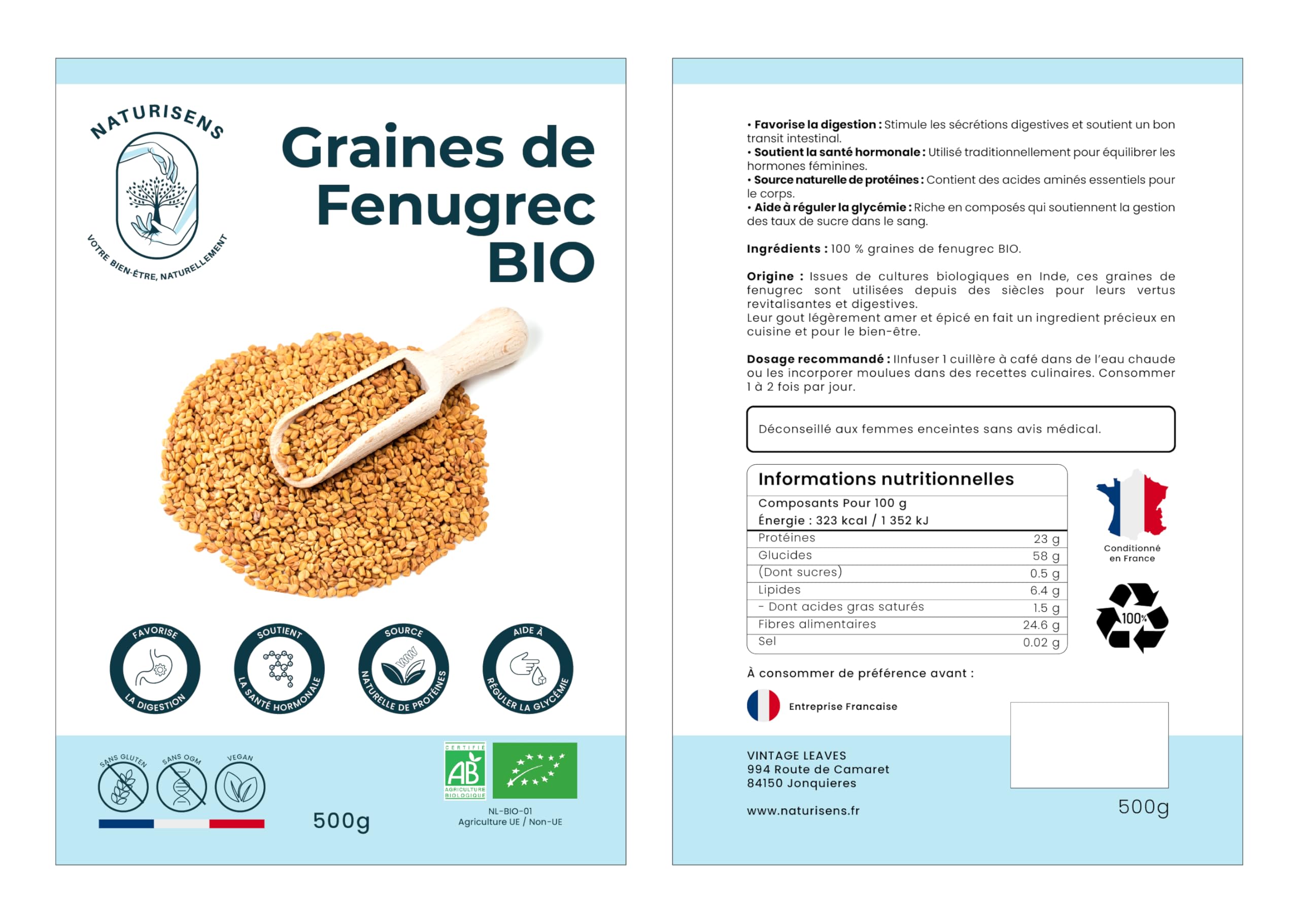 Graines de Fenugrec 500g – 100% Naturelles & Pures | Superaliment Idéal pour Digestion, Énergie & Lactation