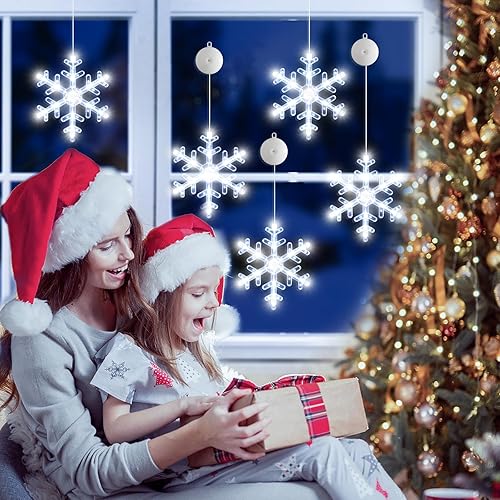 Miniatura 8 de Paquete de 5 luces de Navidad para ventana con temporizador, funciona con pilas, luces blancas iluminadas con forma de copo de nieve LED para árbol