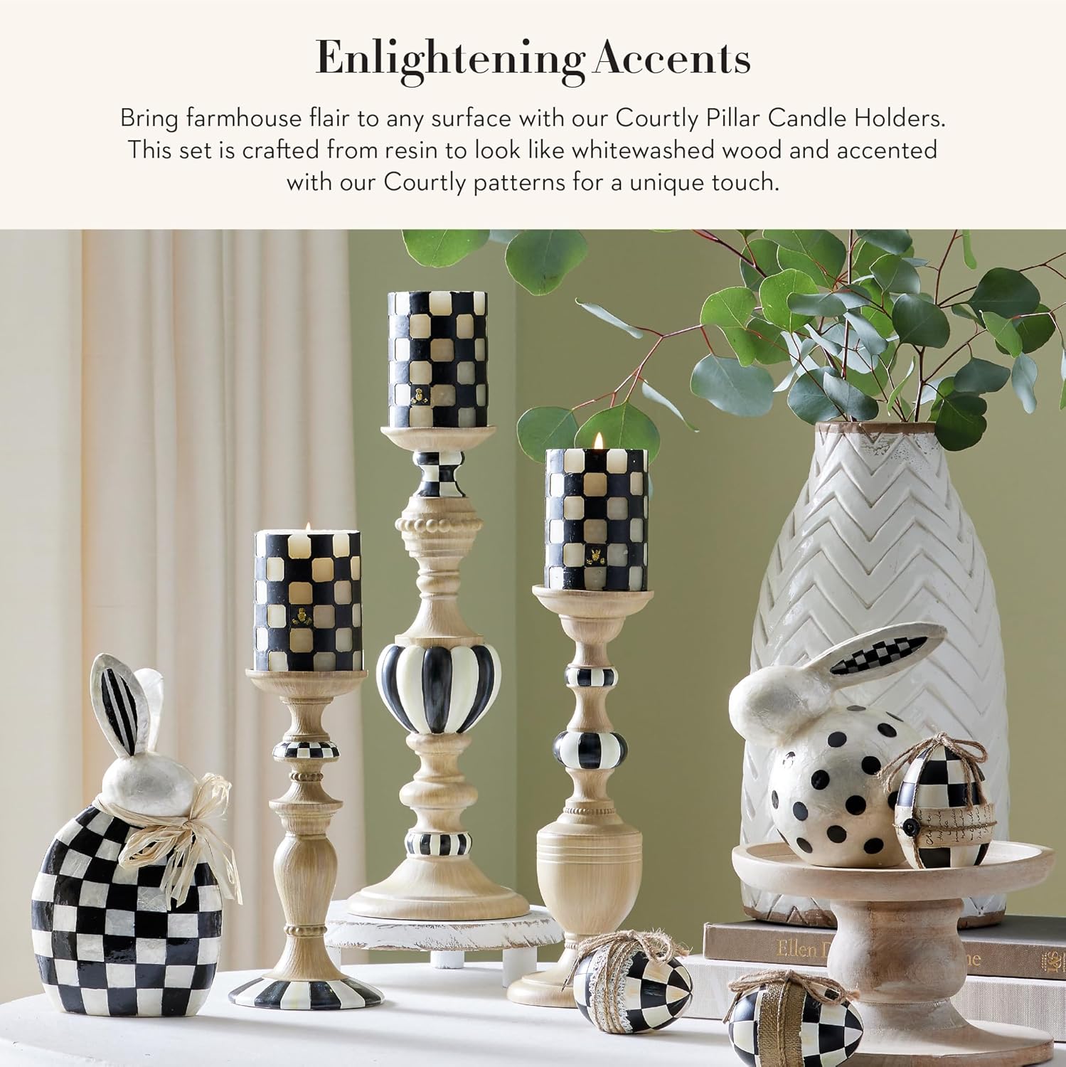 MACKENZIE-CHILDS Pillar Candle Holders, Decorative Candlesticks, Black-and-White Courtly Check and Courtly Stripe, Set of 3