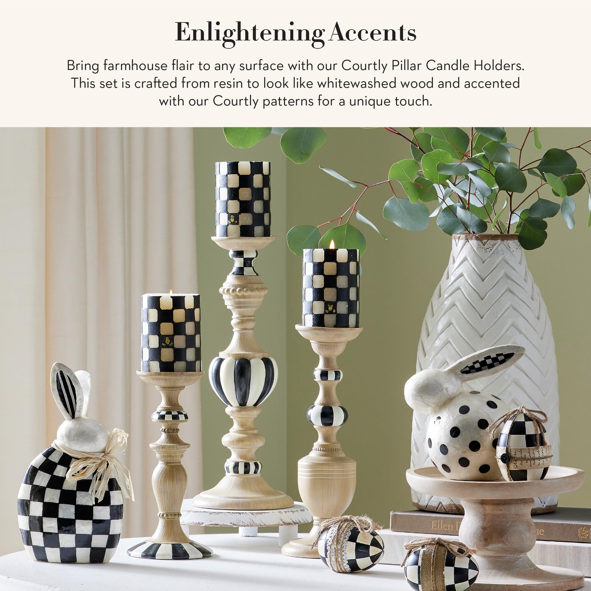 MACKENZIE-CHILDS Pillar Candle Holders, Decorative Candlesticks, Black-and-White Courtly Check and Courtly Stripe, Set of 3