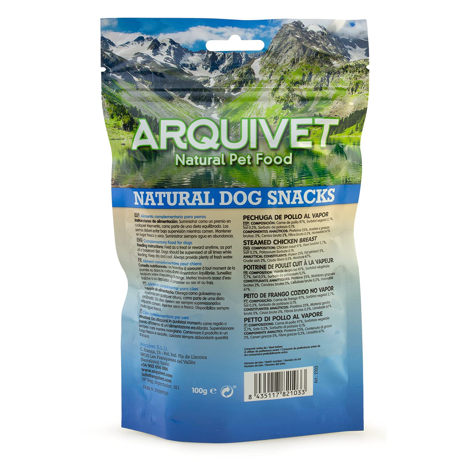 ARQUIVET Pack 12 Unidades Snacks Pechuga de Pollo al Vapor 100 g - Natural Dog Snacks - 100% Natural - Chuches, premios, golosinas para Perros - Producto Light - Muy Rico en nutrientes