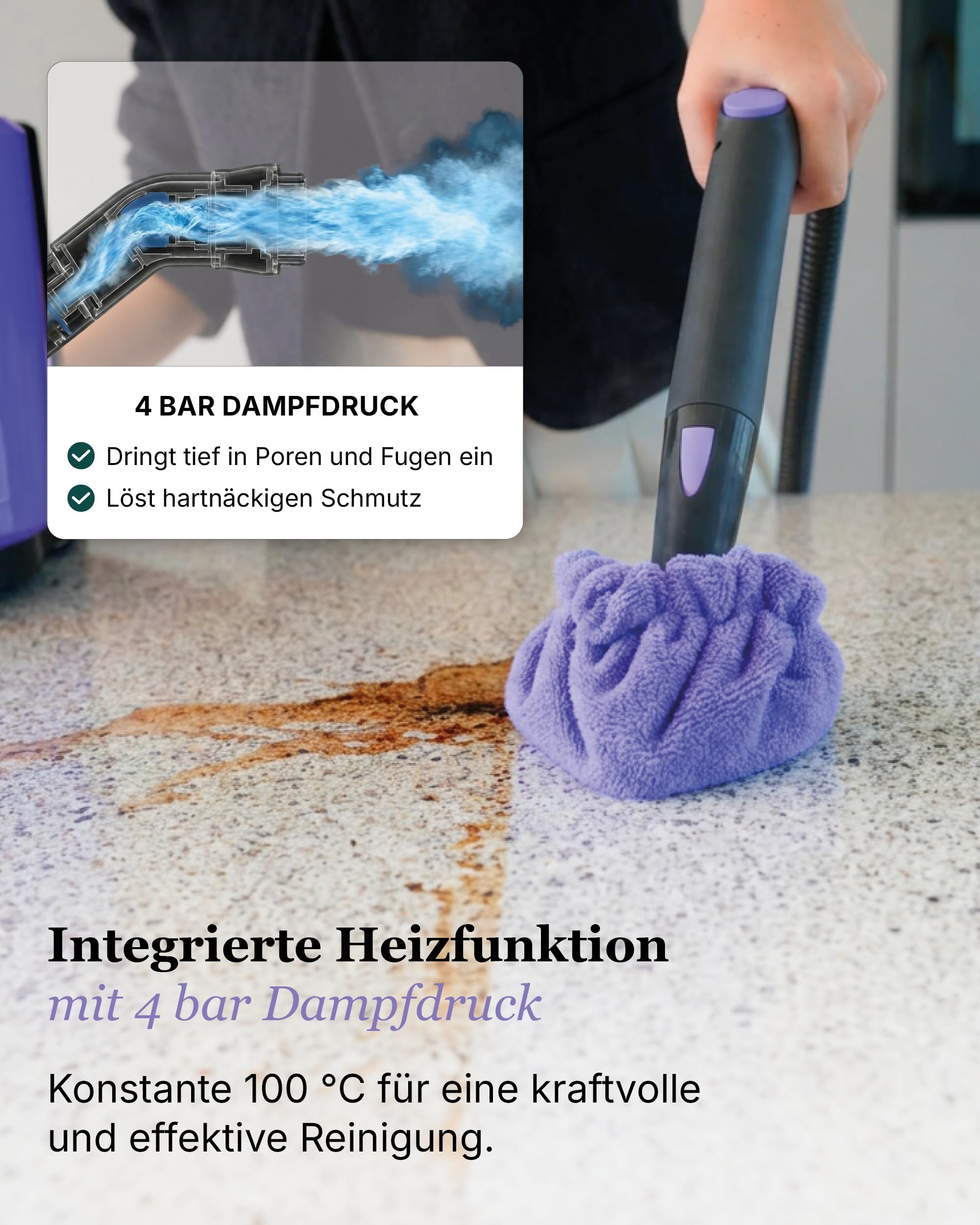 Motionflow PRO Dampfreiniger für alles - 1500W Hochdruck Steam Cleaner mit Edelstahlboiler für Polster, Teppiche, Armaturen und Böden – Dampfbürste mit 13 Aufsätzen, 45 Min Laufzeit, 100°C Dampf