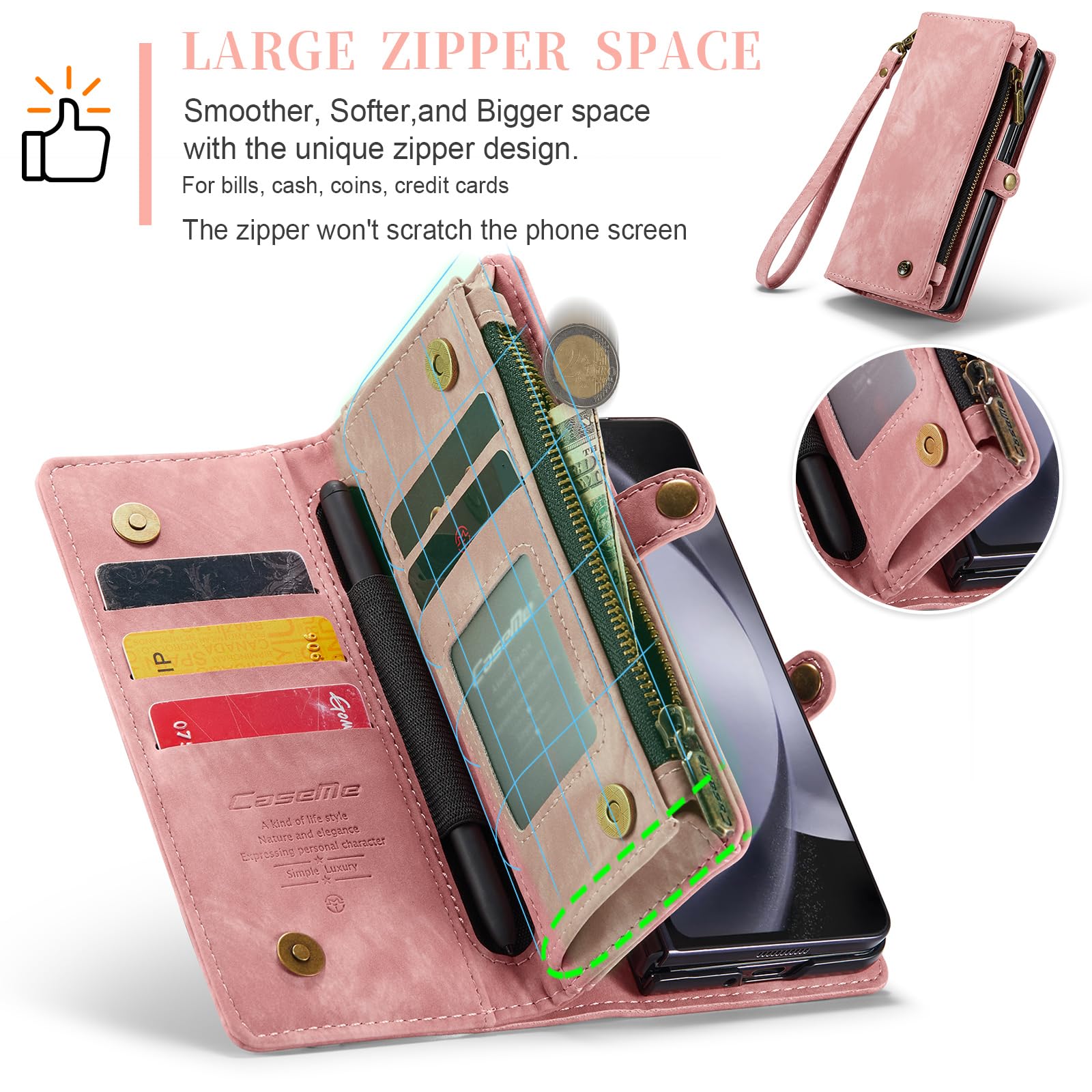 Etui do Samsung Galaxy Z Fold 8 Ultra Portfel z 5 etui na karty i 2 gniazdami gotówkowymi Magnetyczna kieszeń z zamkiem błyskawicznym, skóra premium PU ze smyczą, uchwyt na długopis S