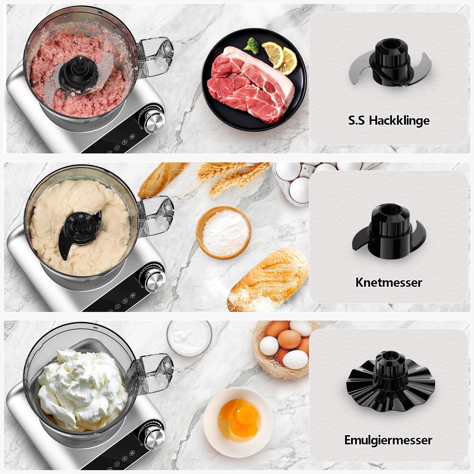 Camic Küchenmaschine 1500W Food Processor mit 2.5L Schüssel, mit 6 Programmen, Hacken, Schneiden, Mixen – Inkl. Zubehör, für die Küche zu Hause – Upgrade-Zubehör